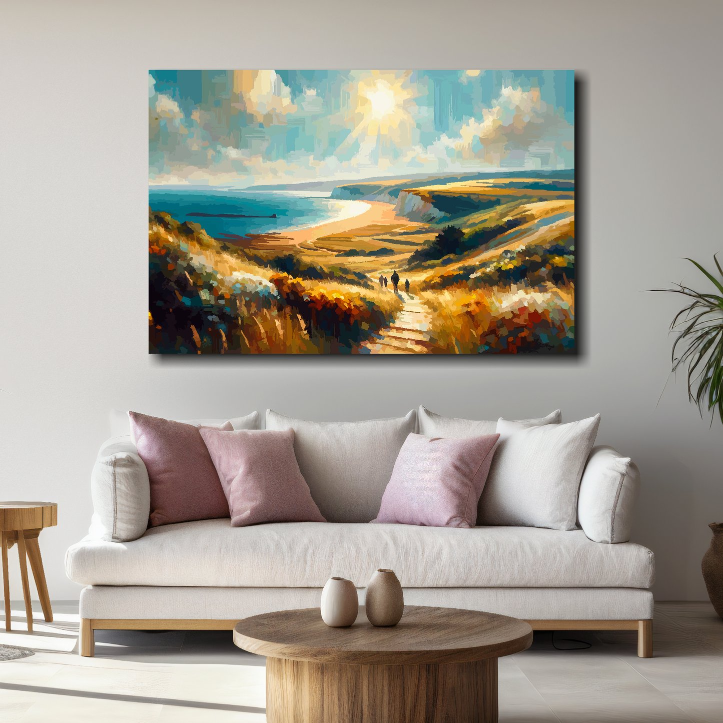 Large Hampshire coast canvas above white sofa - vibrant abstract UK coastal wall art
