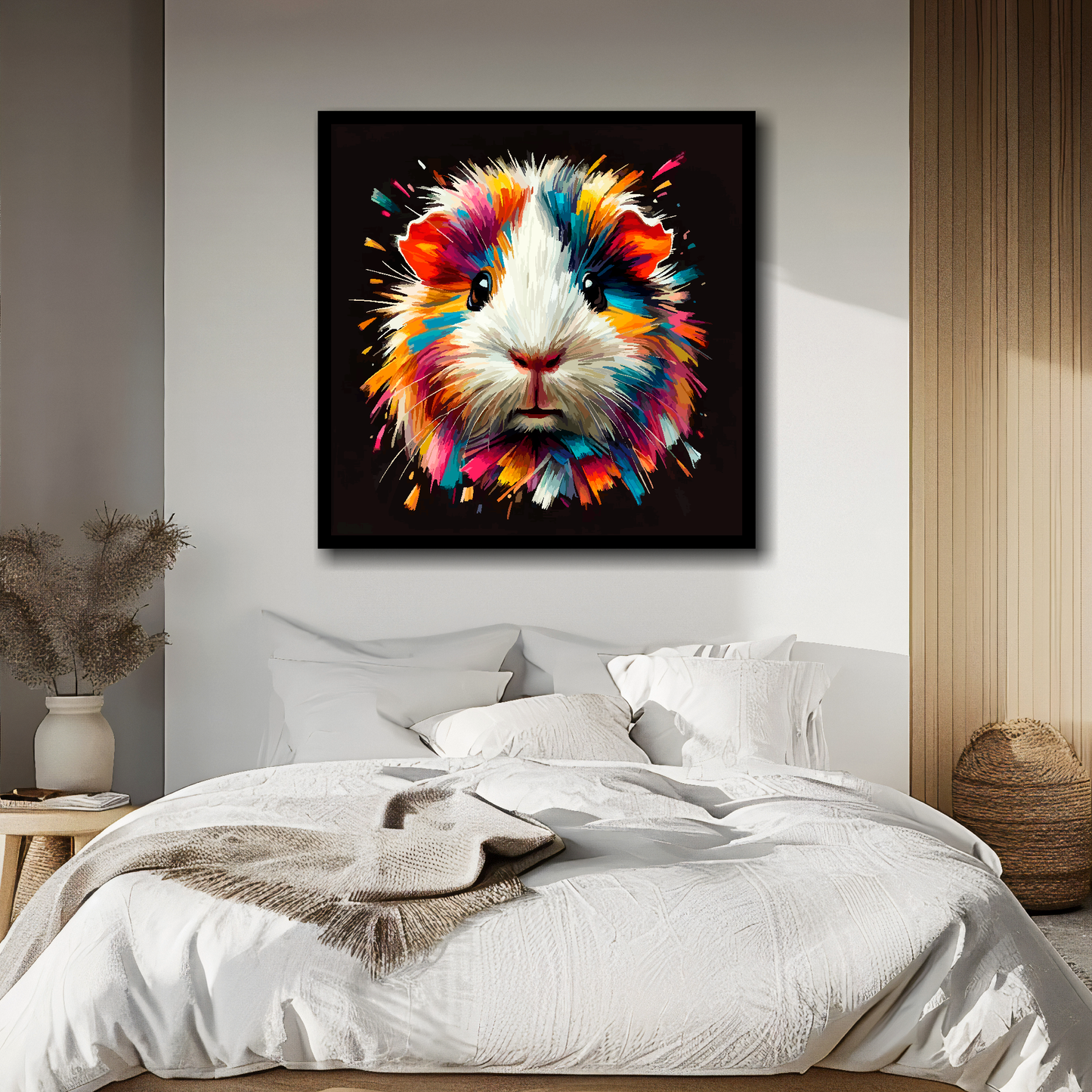 Hamster portrait canvas above bed - colourful pet wall decor for UK bedrooms