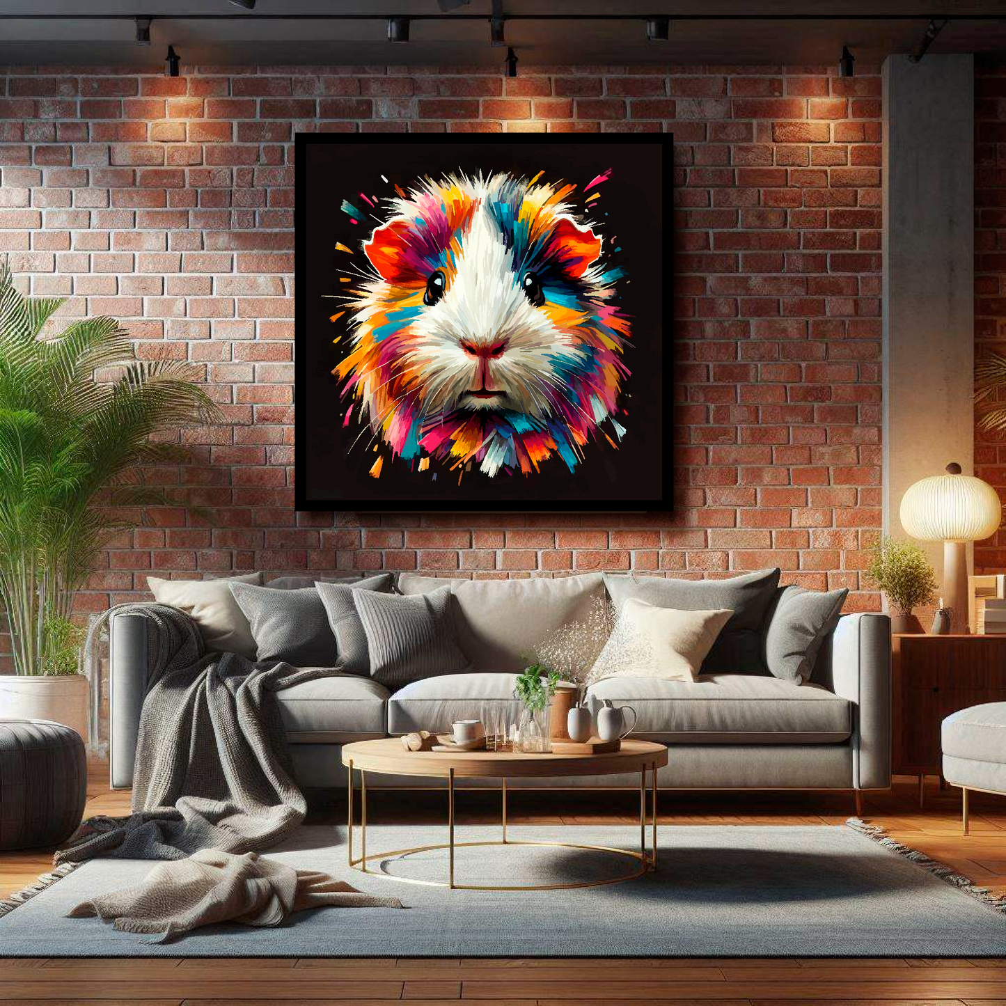 Large Hamster canvas on brick wall above grey sofa - bold pet portrait UK living room
