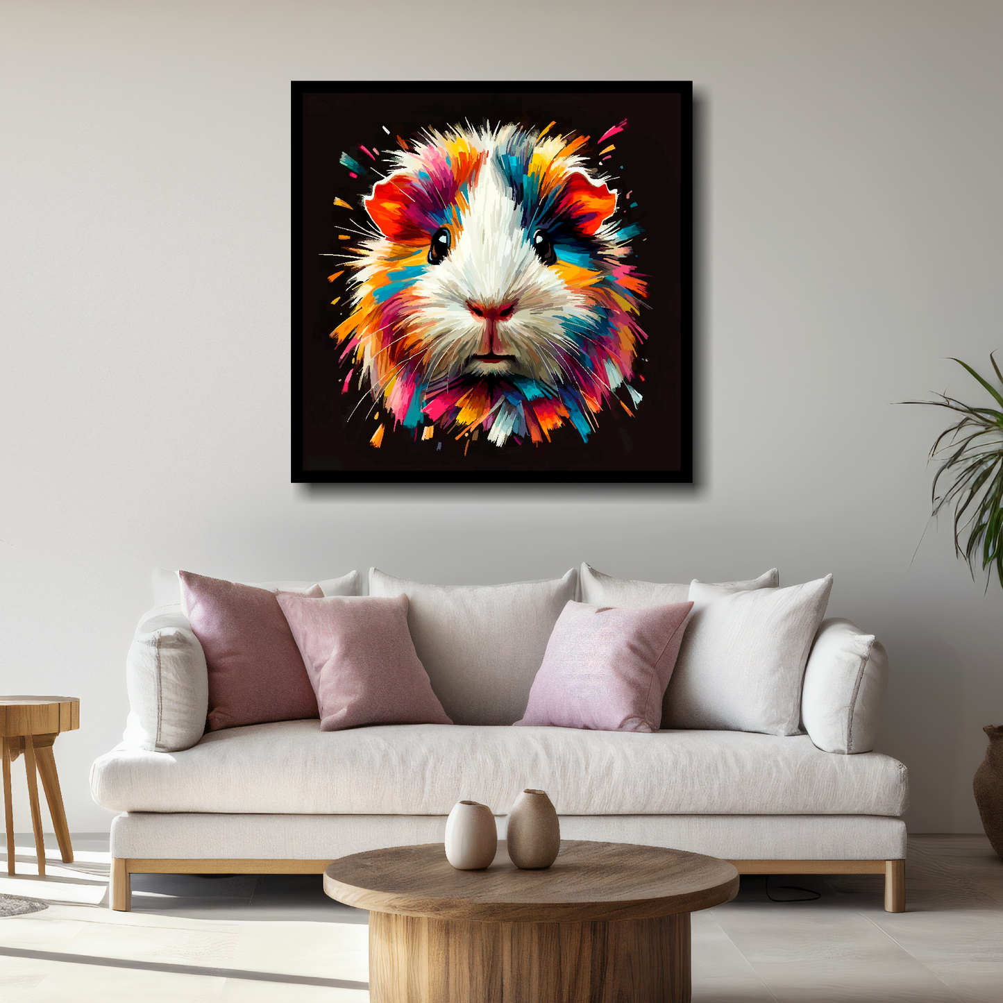 Large Hamster canvas above white sofa - vibrant abstract pet portrait wall art UK
