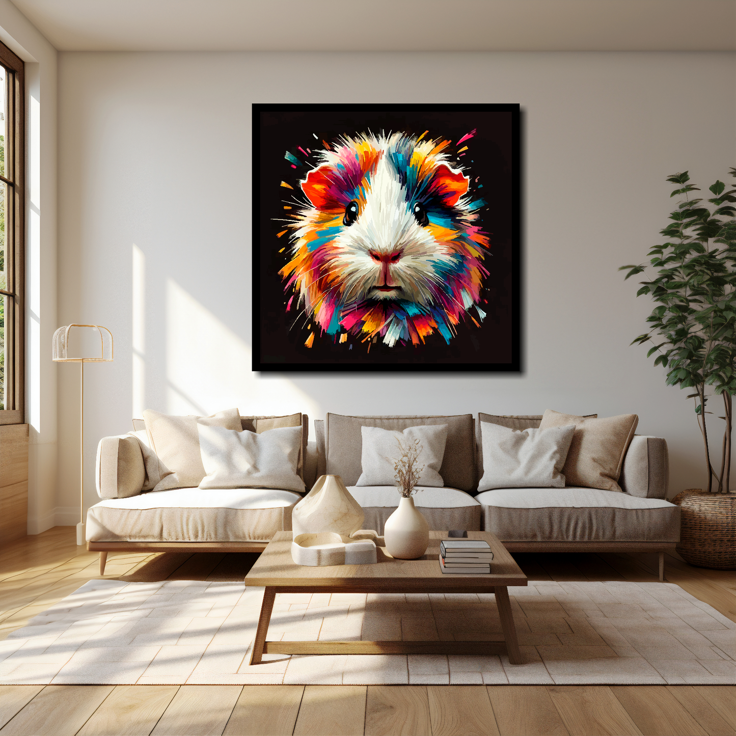 Hamster canvas 40x40 inches above cream sofa - XL vibrant pet wall art UK