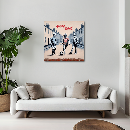 Happy days boys canvas 20x20 inches above white sofa - vibrant football wall mural UK