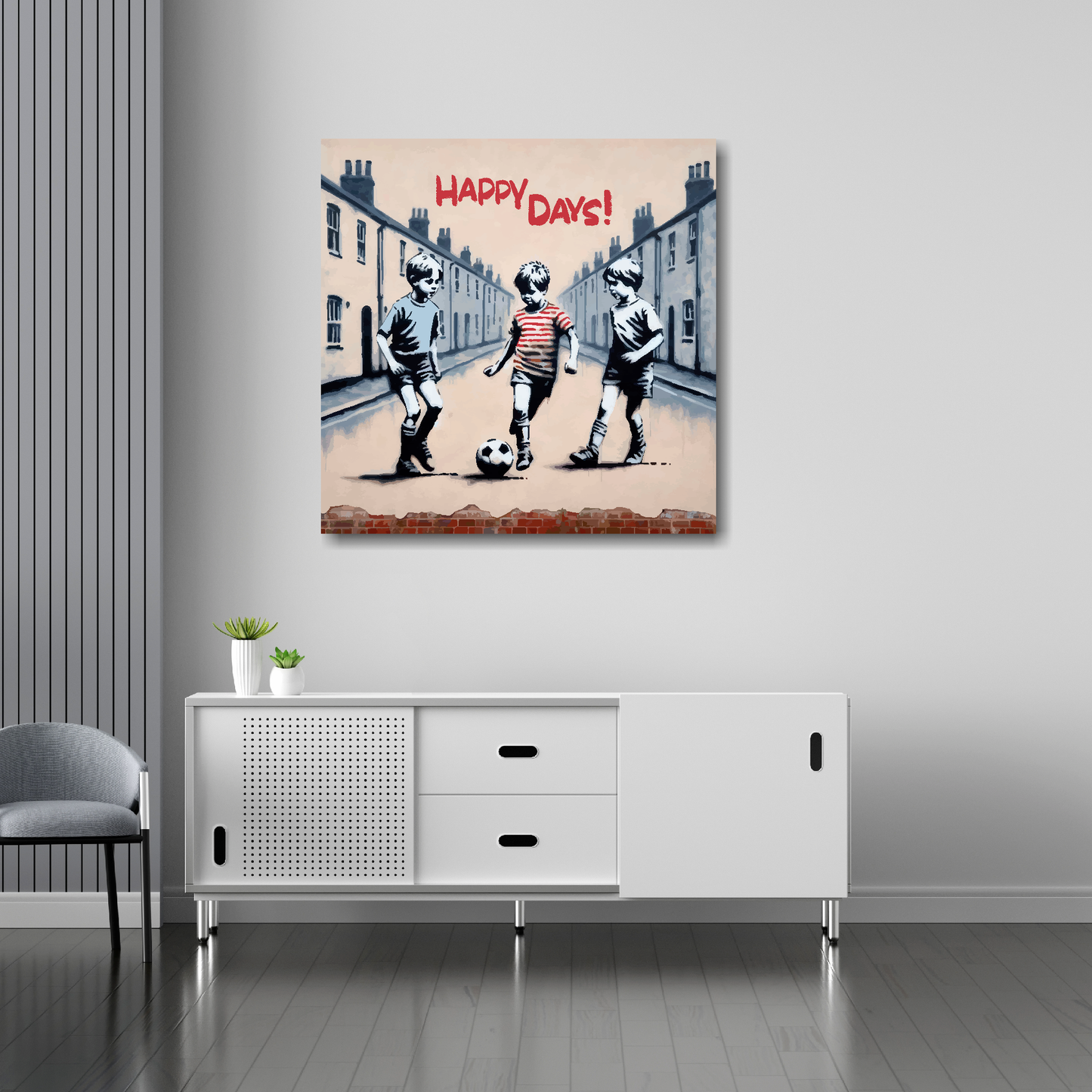 Happy days boys football canvas 30x30 inches above sideboard - large colourful mural art UK made
