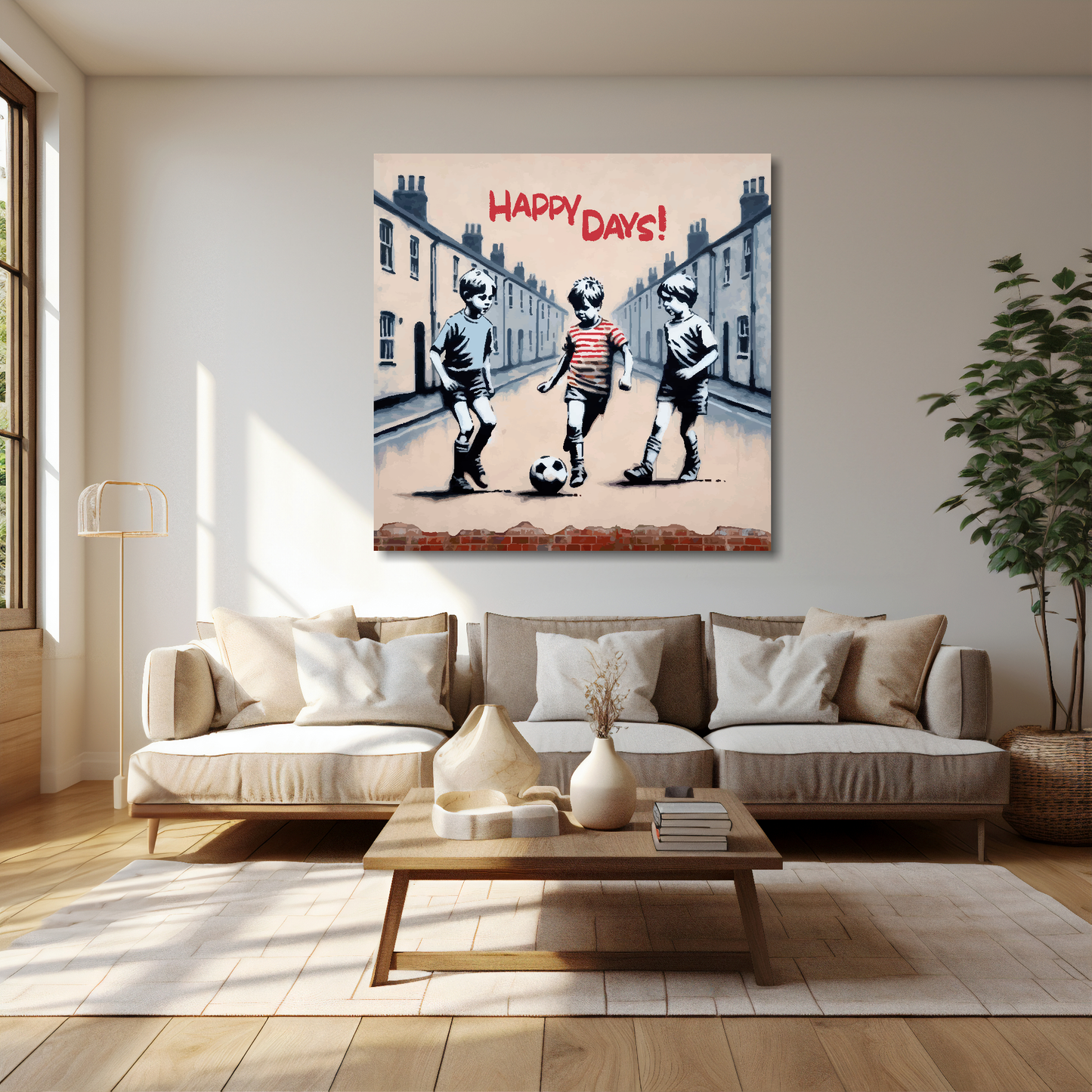 Happy days boys canvas 40x40 inches above cream sofa - XL football wall art mural UK