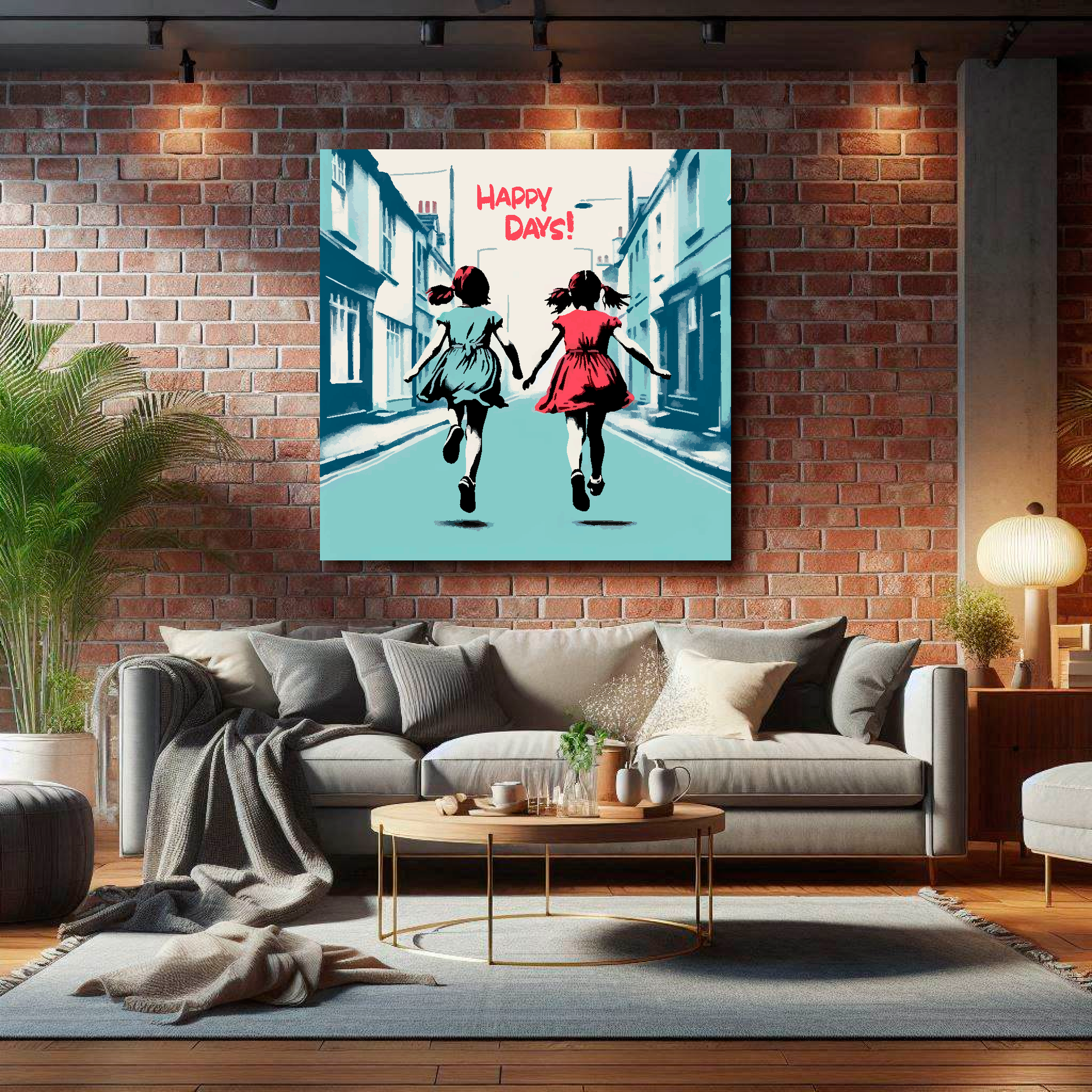 Large girl best friends canvas on brick wall above grey sofa - bold friendship art UK living room