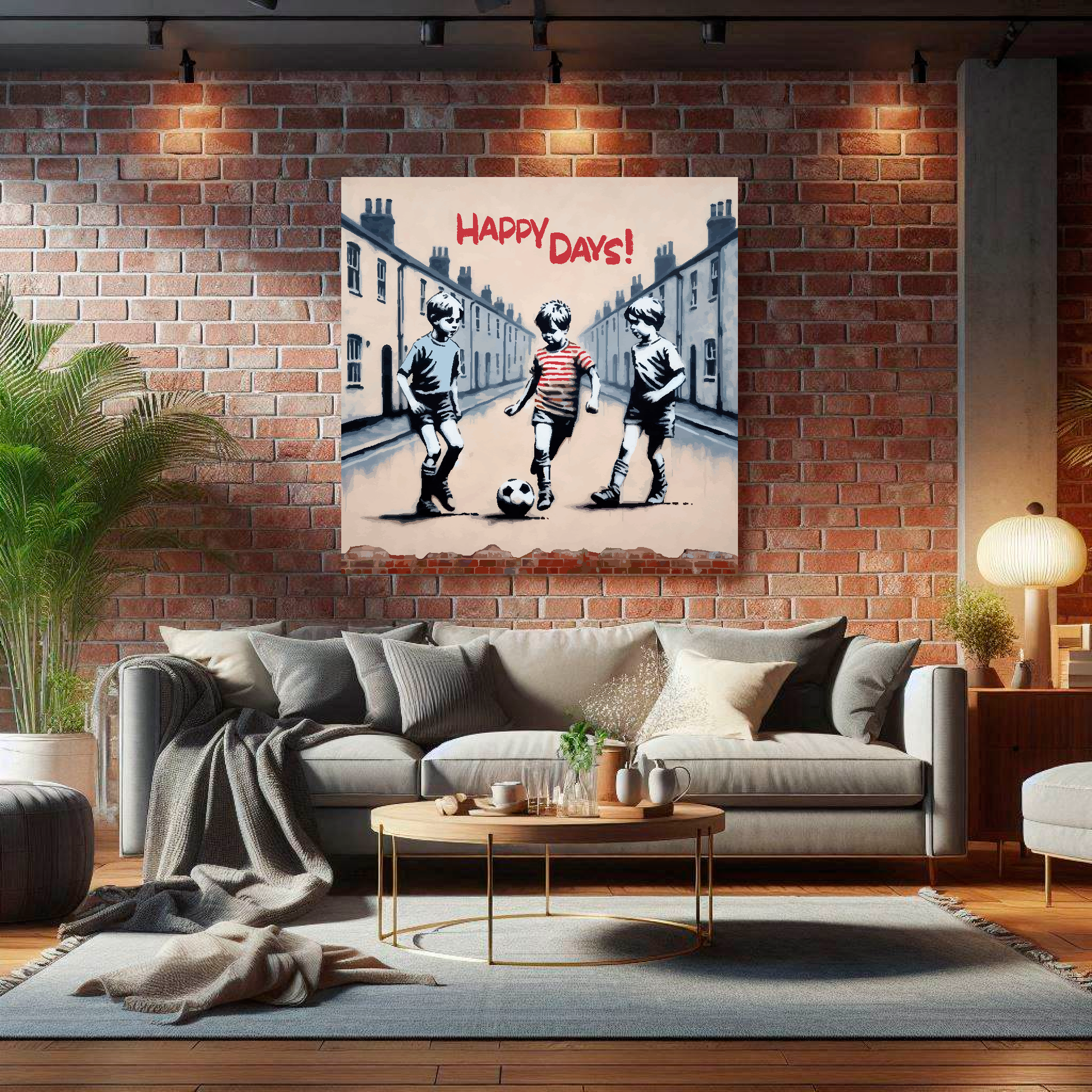 Large happy days boys canvas on brick wall above grey sofa - bold mural wall art UK living room
 