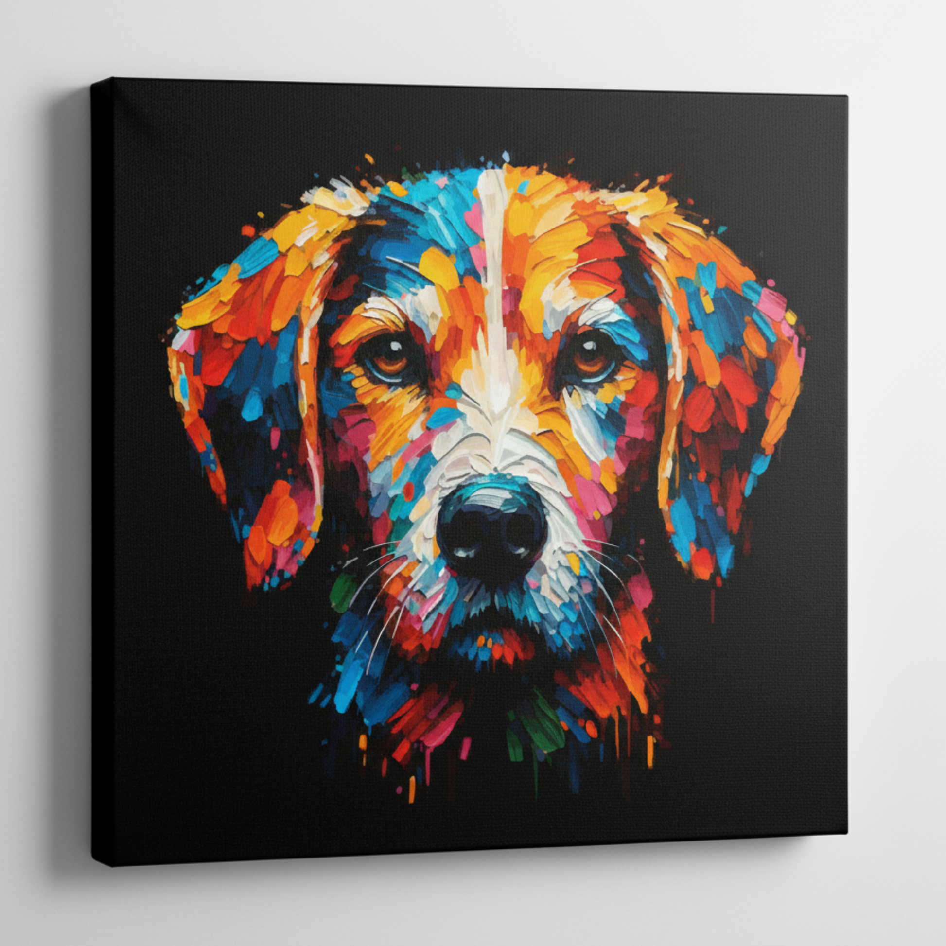 Colourful Harrier dog portrait canvas print - UK made abstract pet wall art black background
