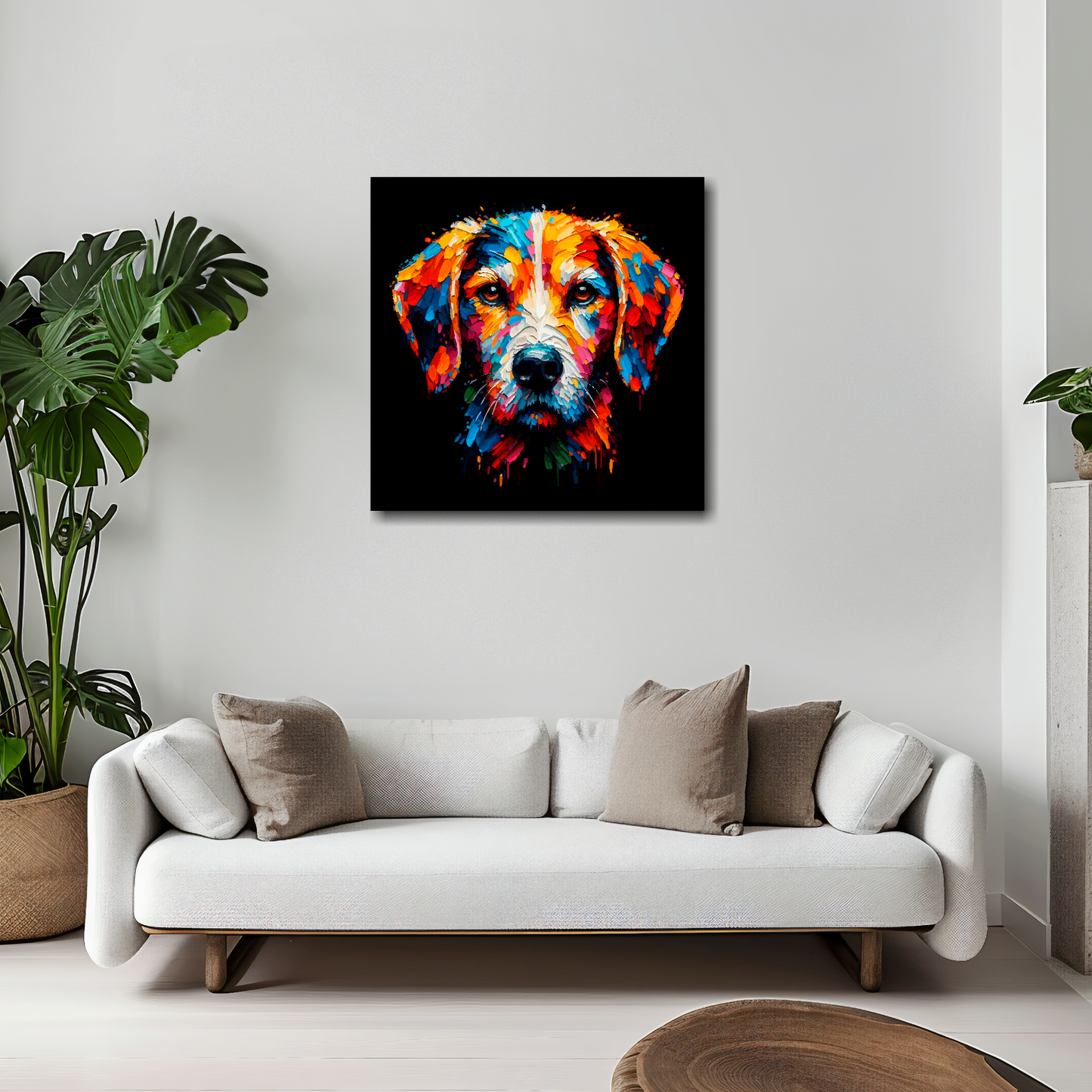 Harrier canvas 20x20 inches above white sofa - vibrant dog portrait wall art UK
