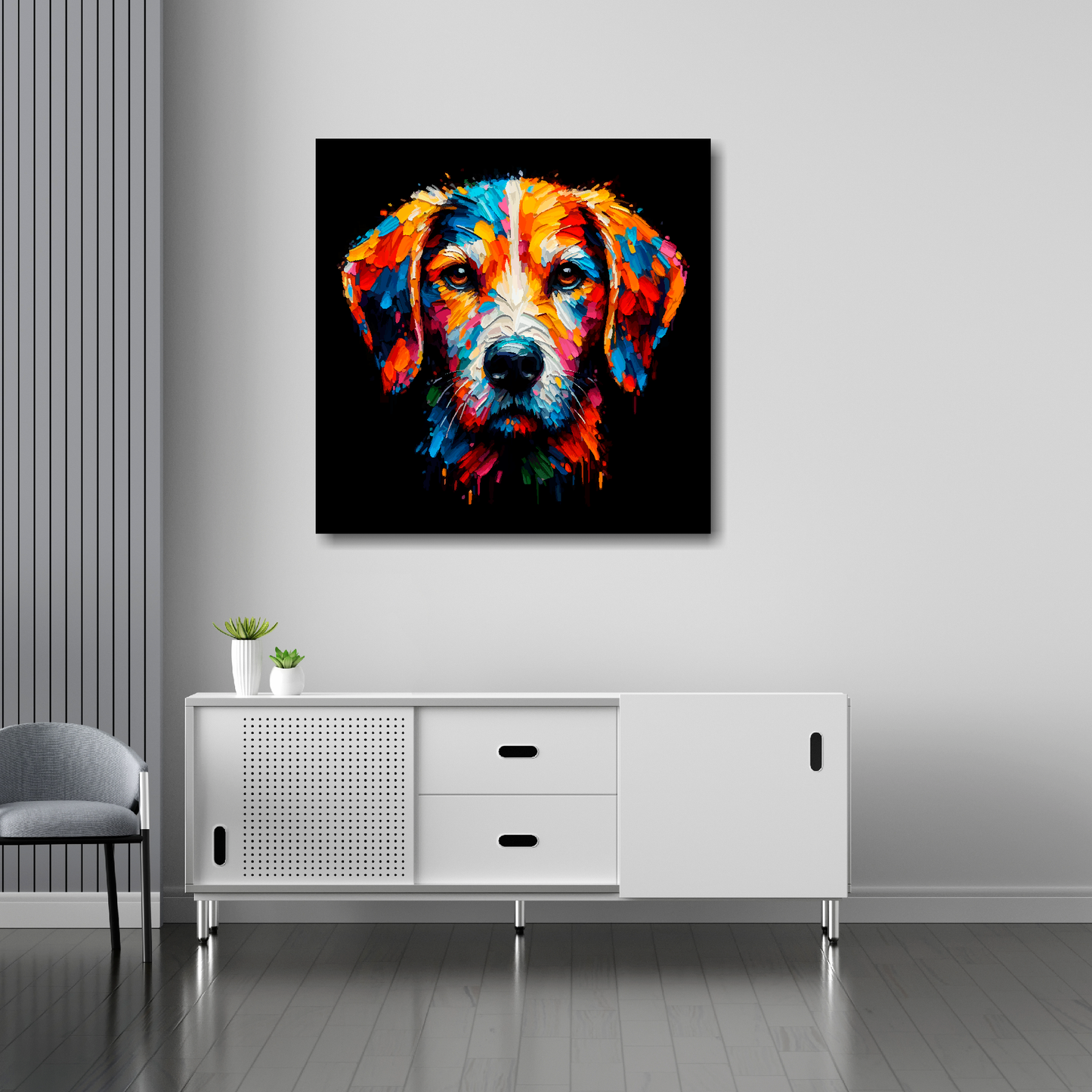 Harrier canvas 30x30 inches above sideboard - large colourful dog portrait UK made