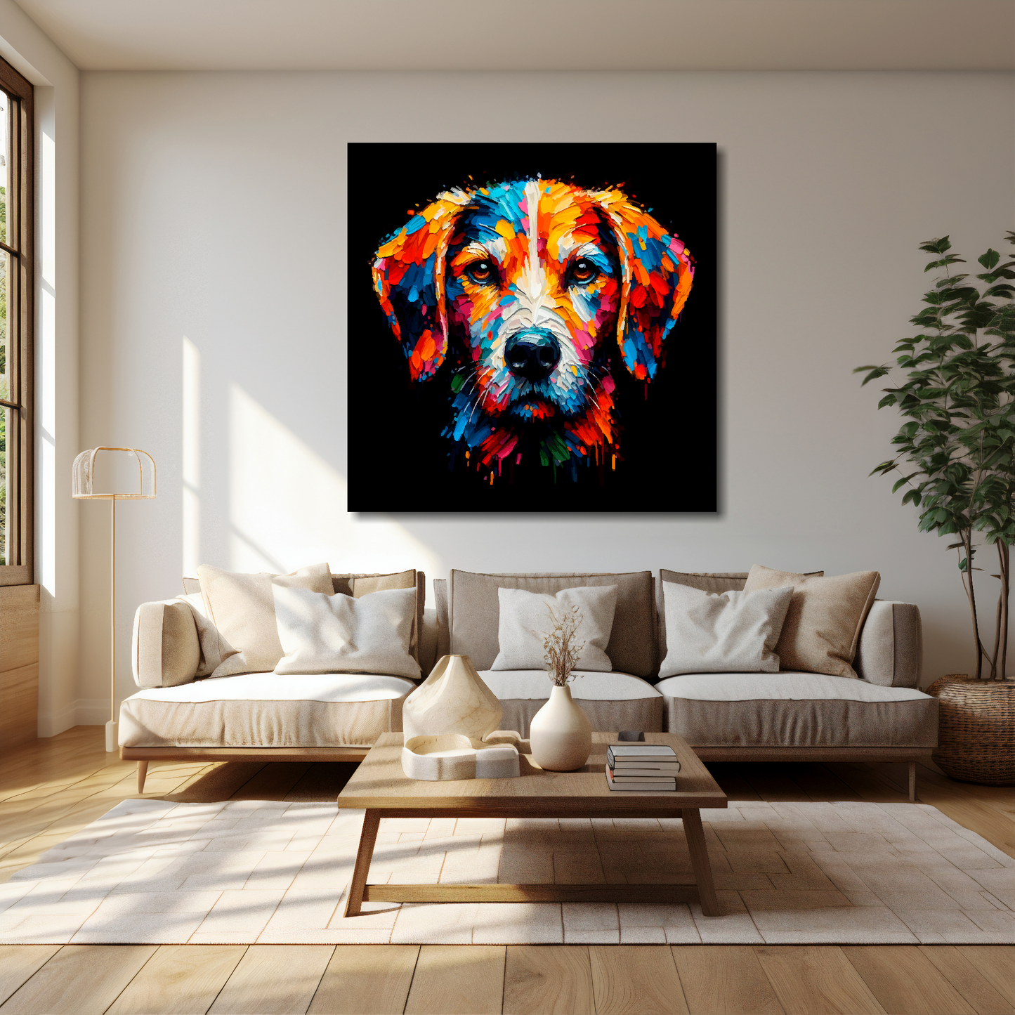 Harrier canvas 40x40 inches above cream sofa - XL vibrant dog wall art UK