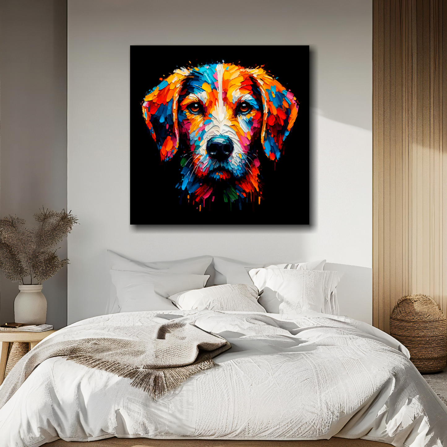 Harrier portrait canvas above bed - colourful dog wall decor for UK bedrooms