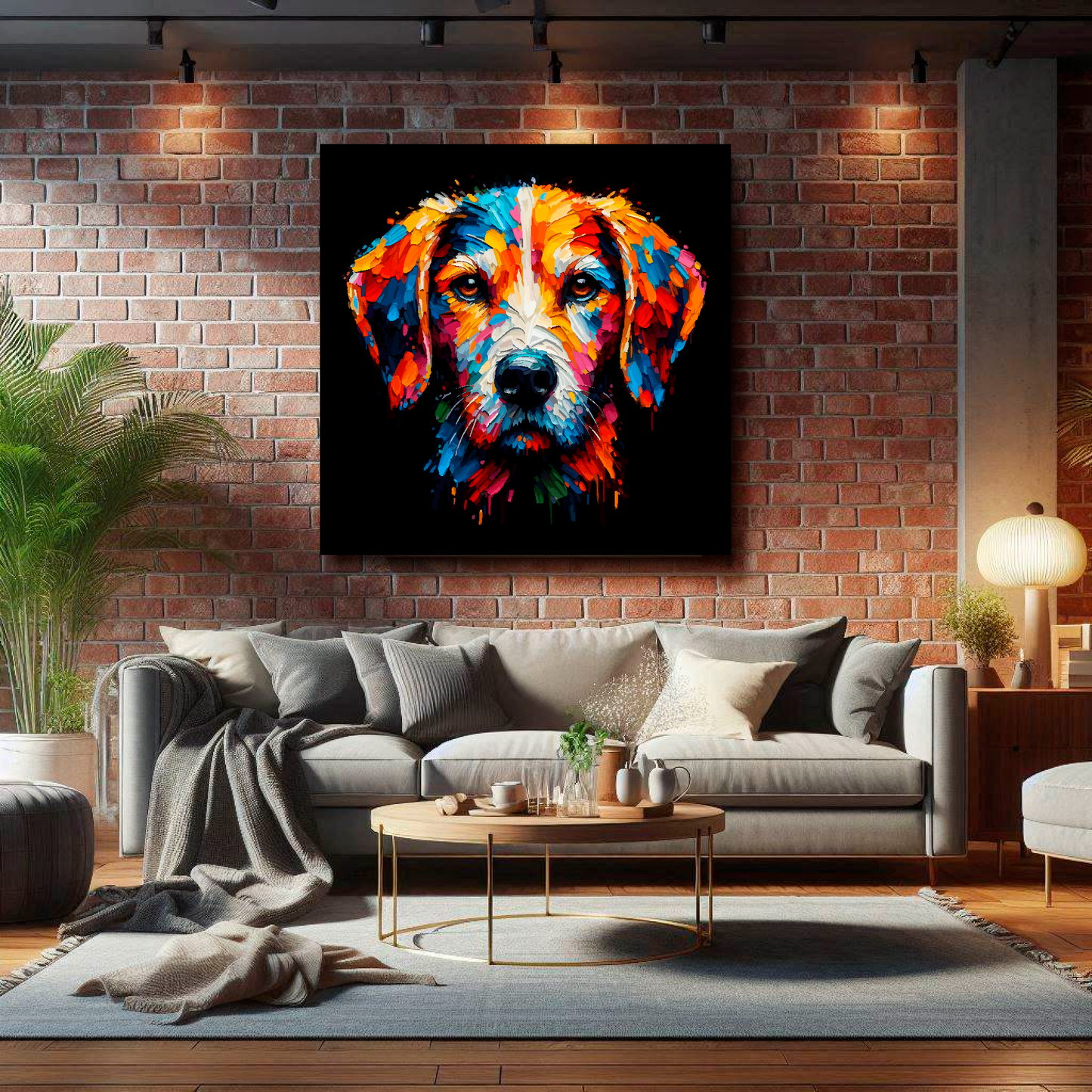 Large Harrier canvas on brick wall above grey sofa - bold dog portrait UK living room