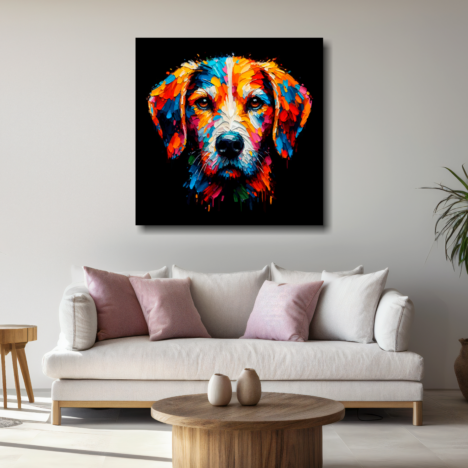 Large Harrier canvas above white sofa - vibrant abstract dog portrait wall art UK