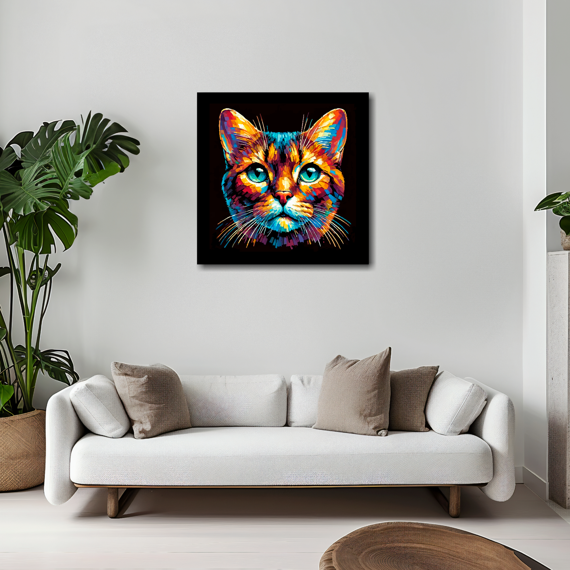 Havana Brown cat canvas 20x20 inches above white sofa - vibrant cat portrait wall art UK