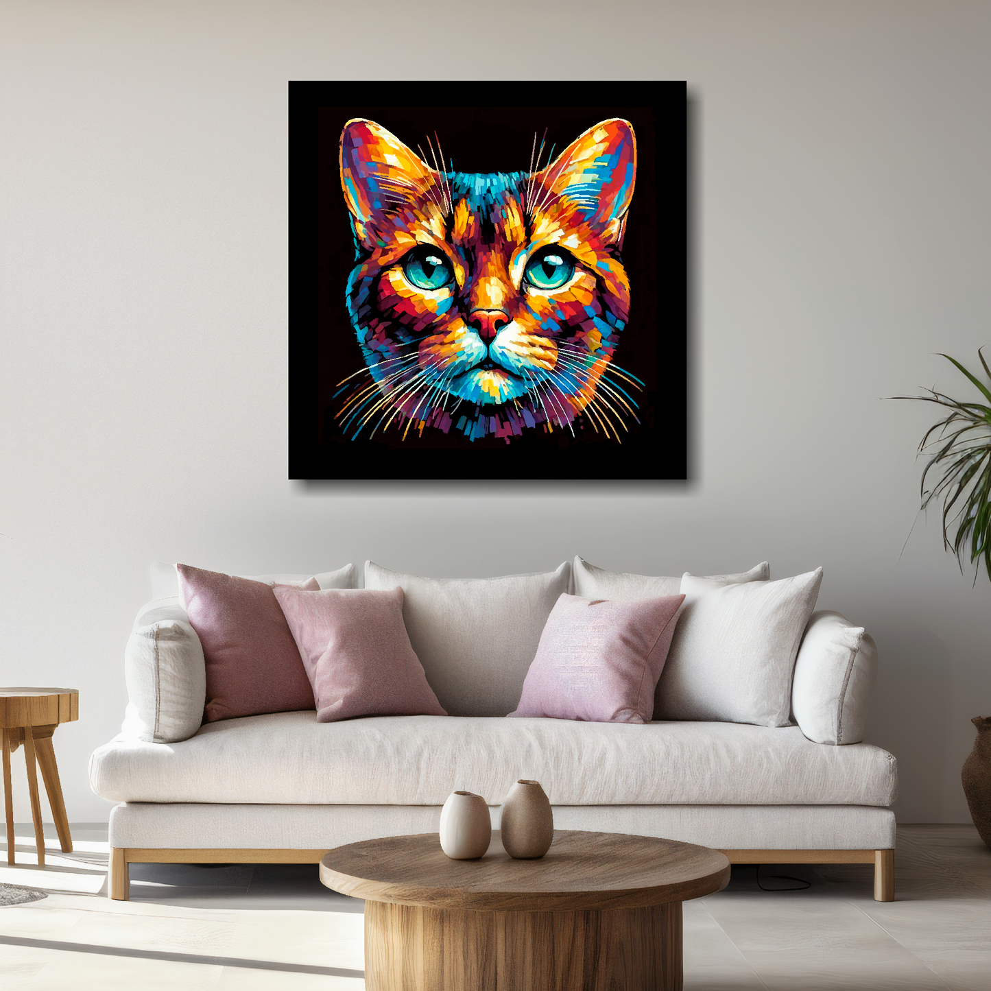Large Havana Brown cat canvas above white sofa - vibrant abstract cat portrait wall art UK
