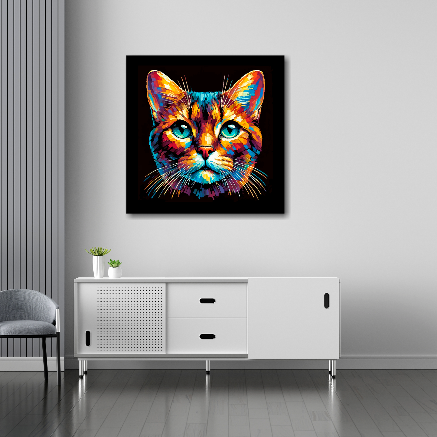 Havana Brown cat canvas 30x30 inches above sideboard - large colourful cat portrait UK made