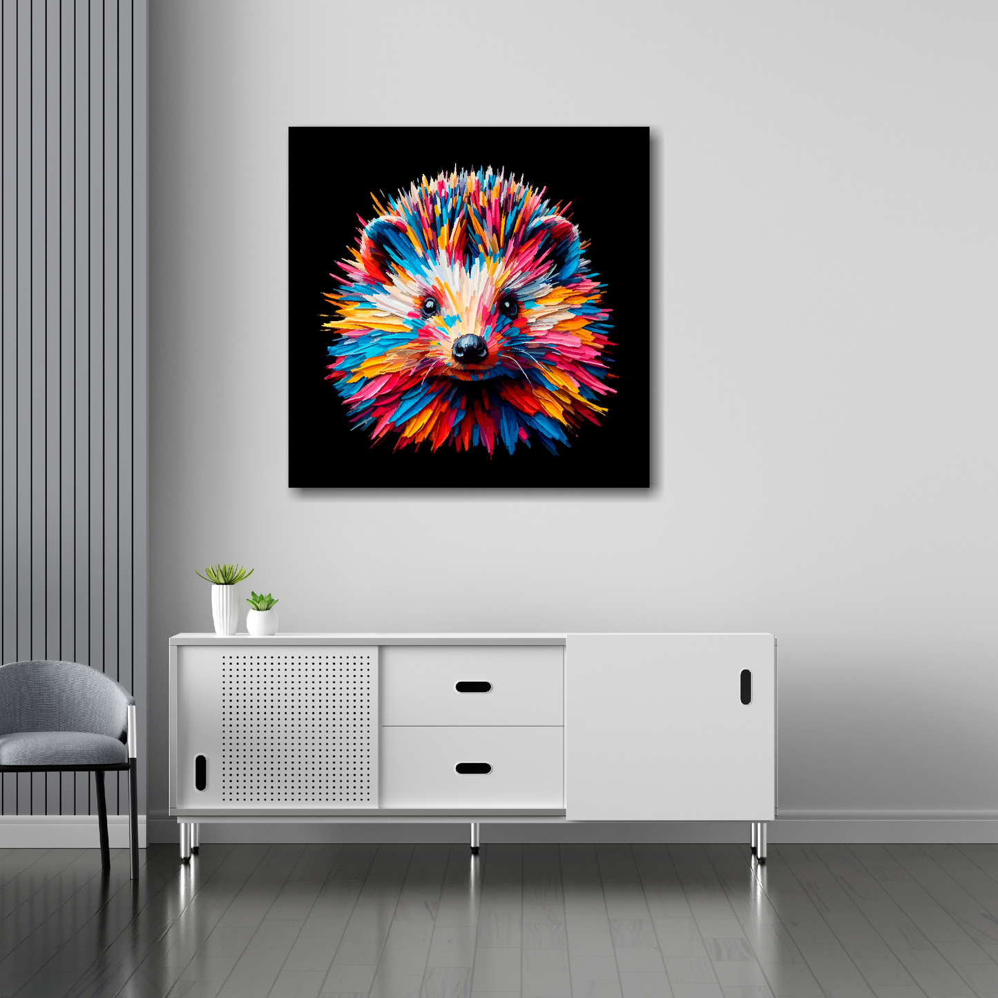 Hedgehog canvas 30x30 inches above sideboard - large colourful wildlife portrait UK made