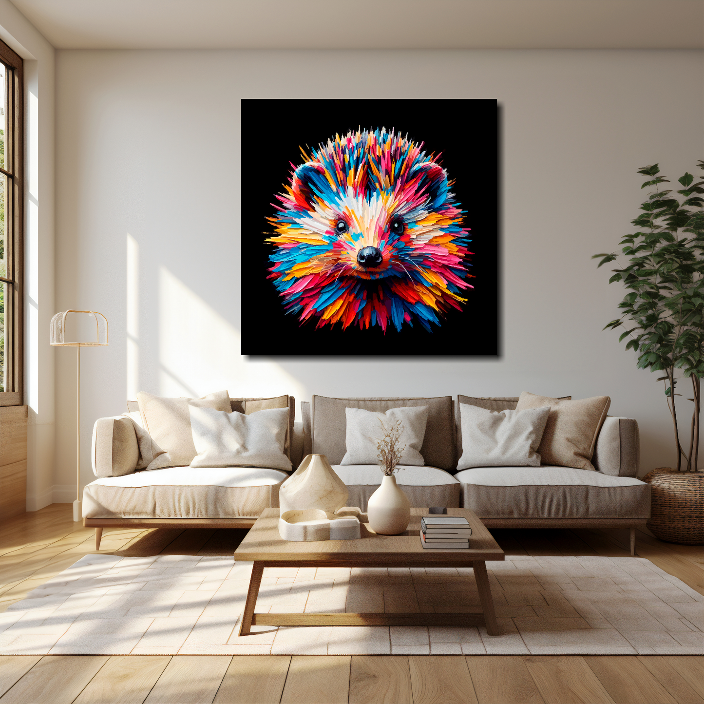 Hedgehog canvas 40x40 inches above cream sofa - XL vibrant wildlife wall art UK