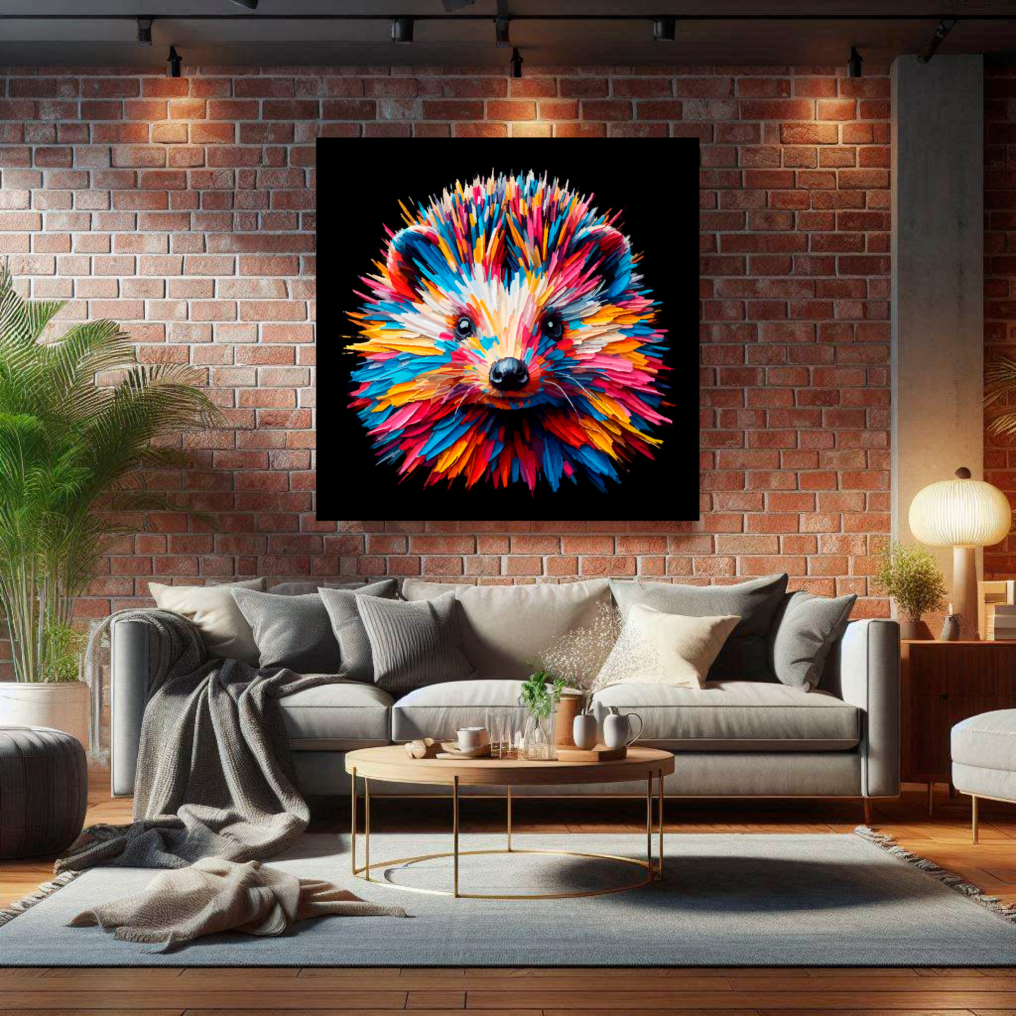 Large Hedgehog canvas on brick wall above grey sofa - bold wildlife portrait UK living room