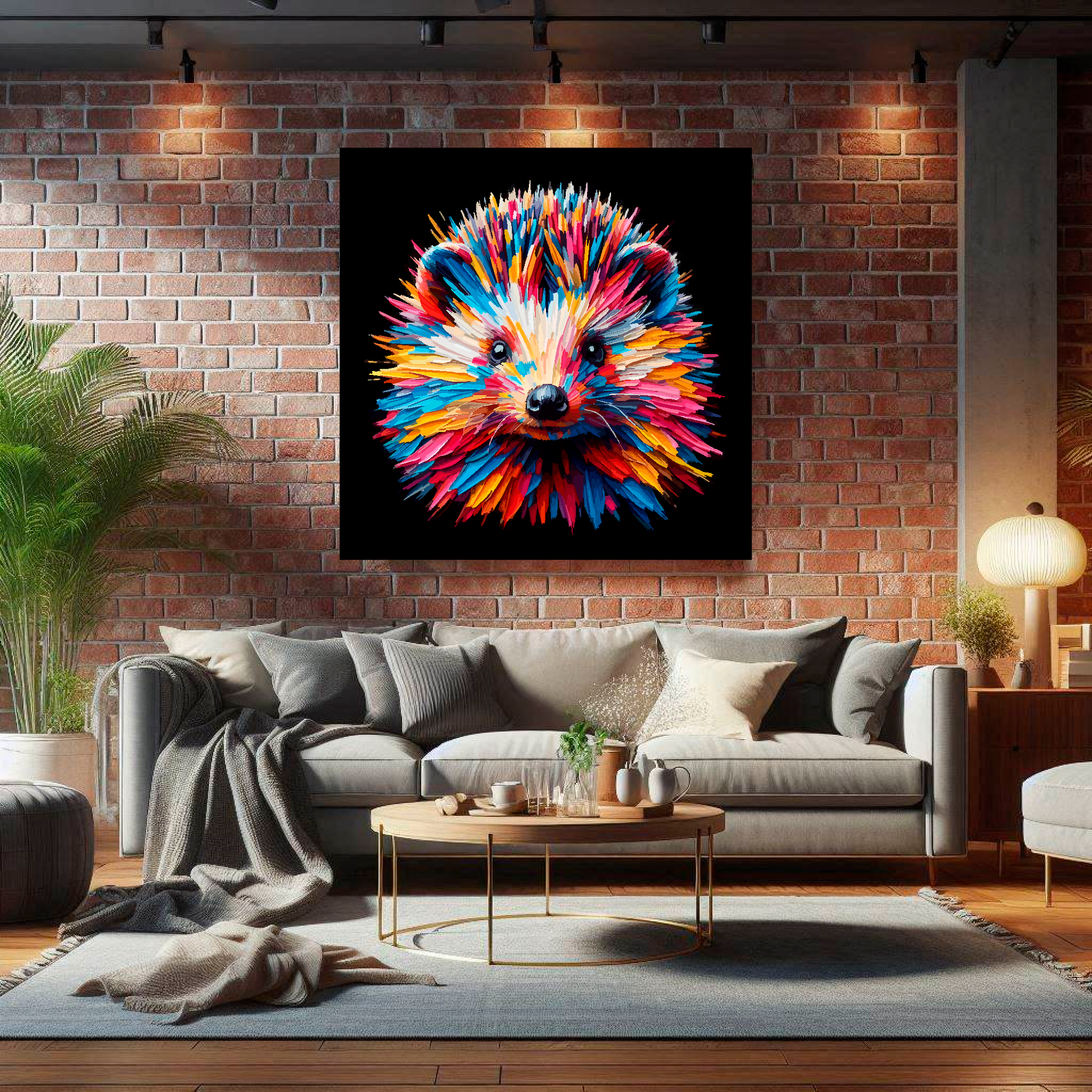 Large Hedgehog canvas on brick wall above grey sofa - bold wildlife portrait UK living room