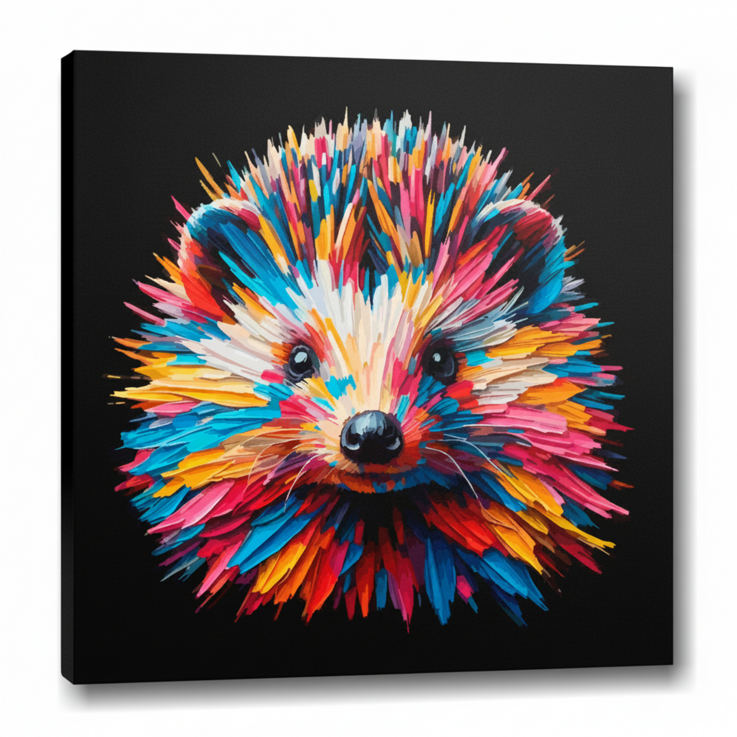 Colourful Hedgehog wildlife portrait canvas print - UK made abstract animal wall art black background