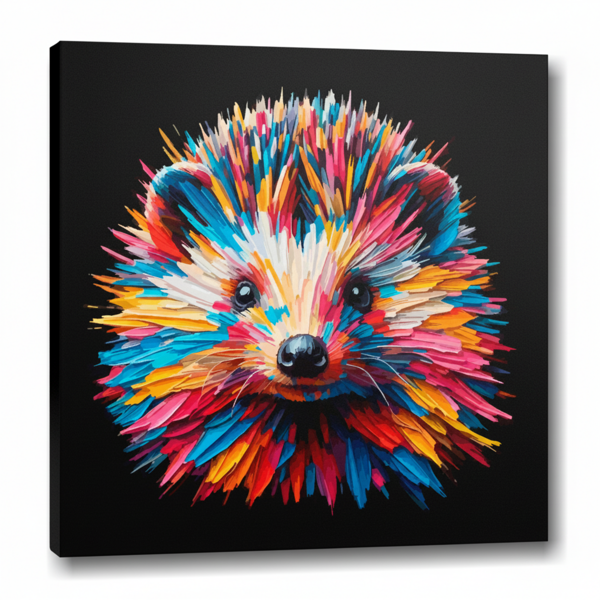 Colourful Hedgehog wildlife portrait canvas print - UK made abstract animal wall art black background
