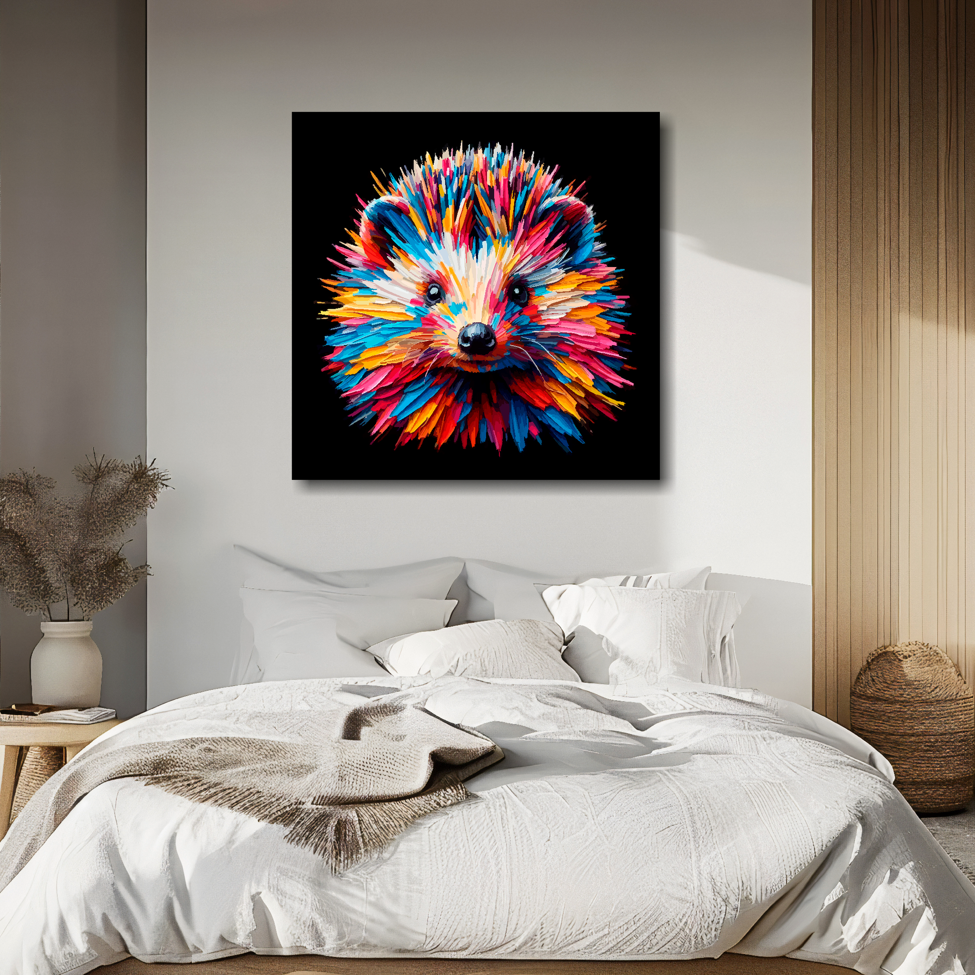 Hedgehog portrait canvas above bed - colourful wildlife wall decor for UK bedrooms