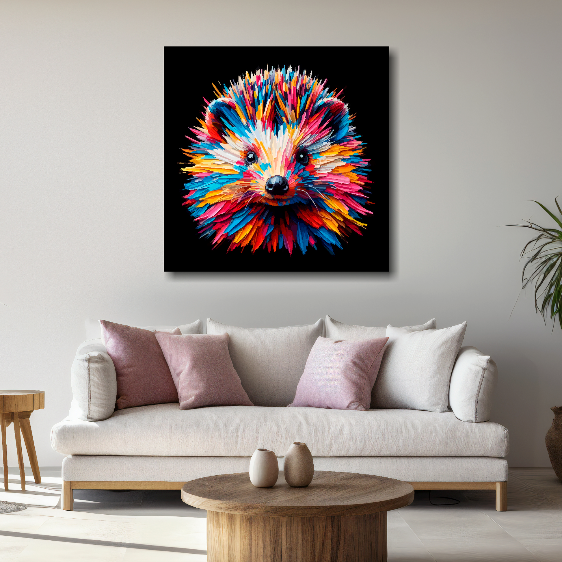 Large Hedgehog canvas above white sofa - vibrant abstract wildlife portrait wall art UK