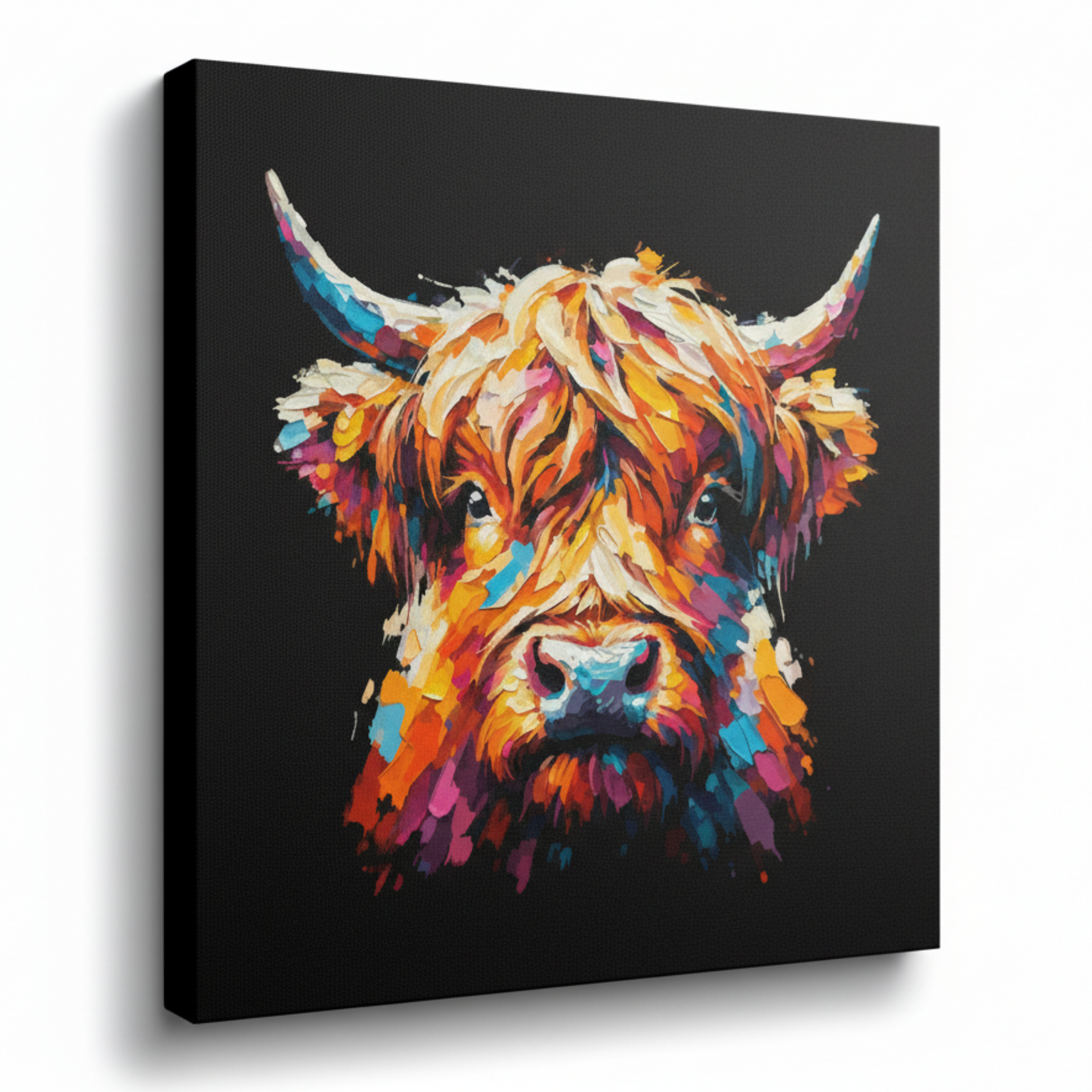 Colourful Highland Cow farm animal portrait canvas print - UK made abstract wall art black background