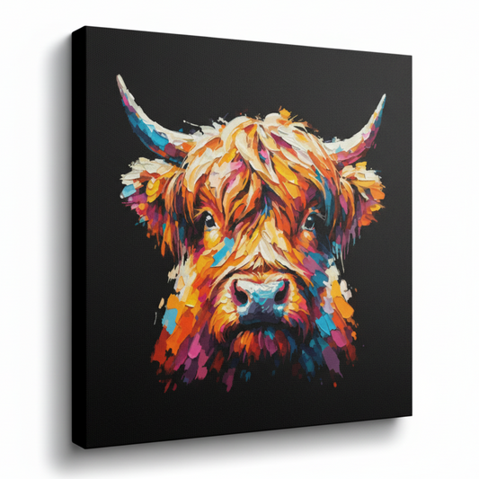 Colourful Highland Cow farm animal portrait canvas print - UK made abstract wall art black background