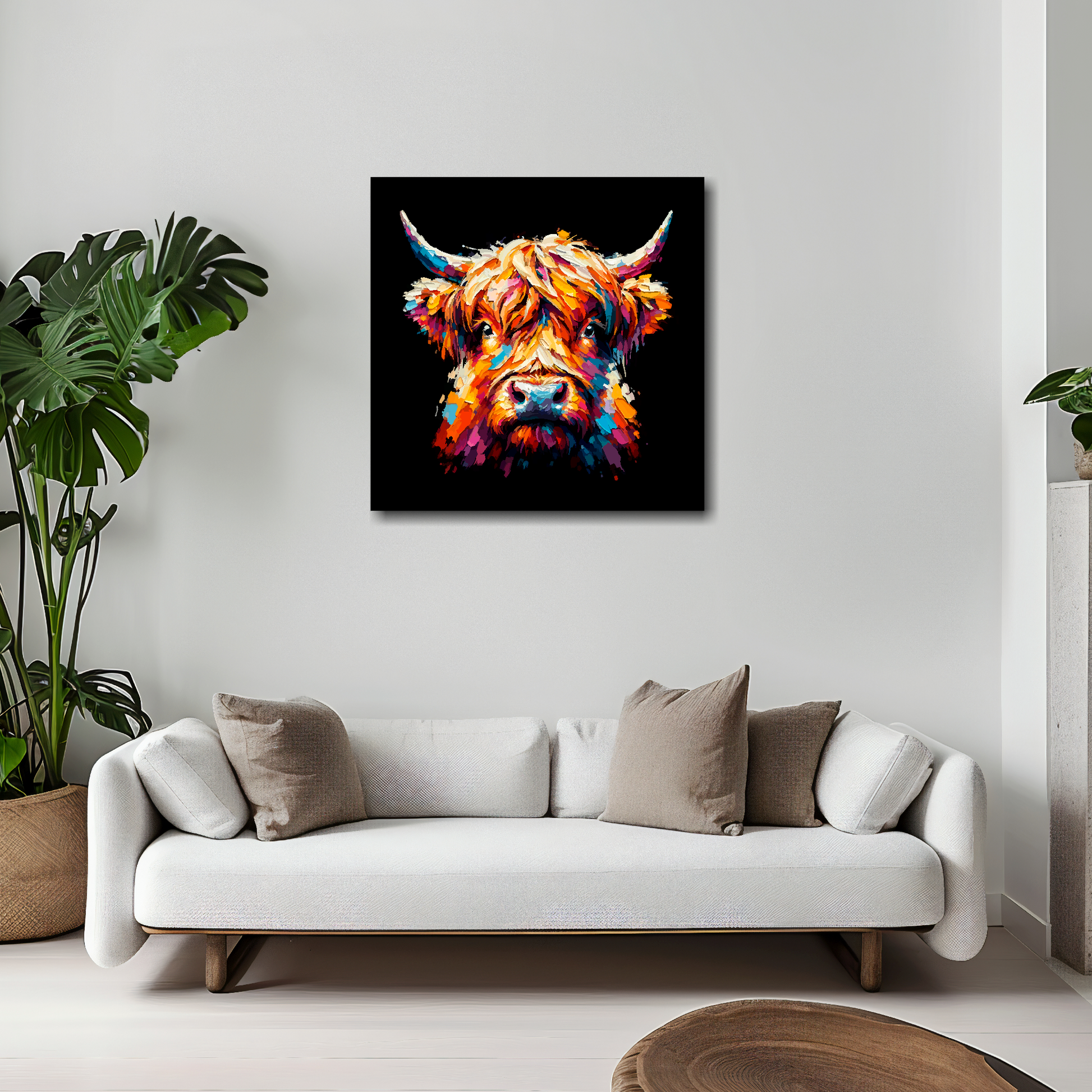 Highland Cow canvas 20x20 inches above white sofa - vibrant farm animal portrait wall art UK
