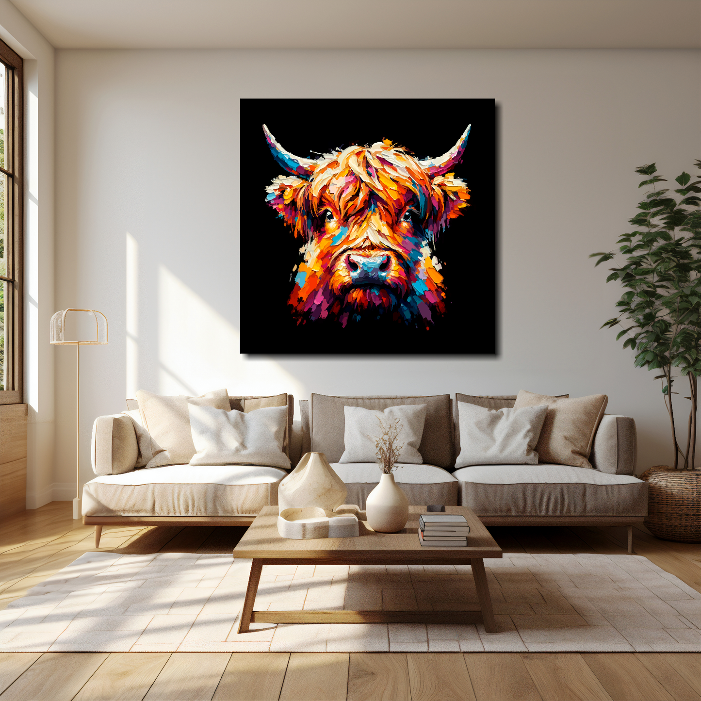 Highland Cow canvas 40x40 inches above cream sofa - XL vibrant farm animal wall art UK
