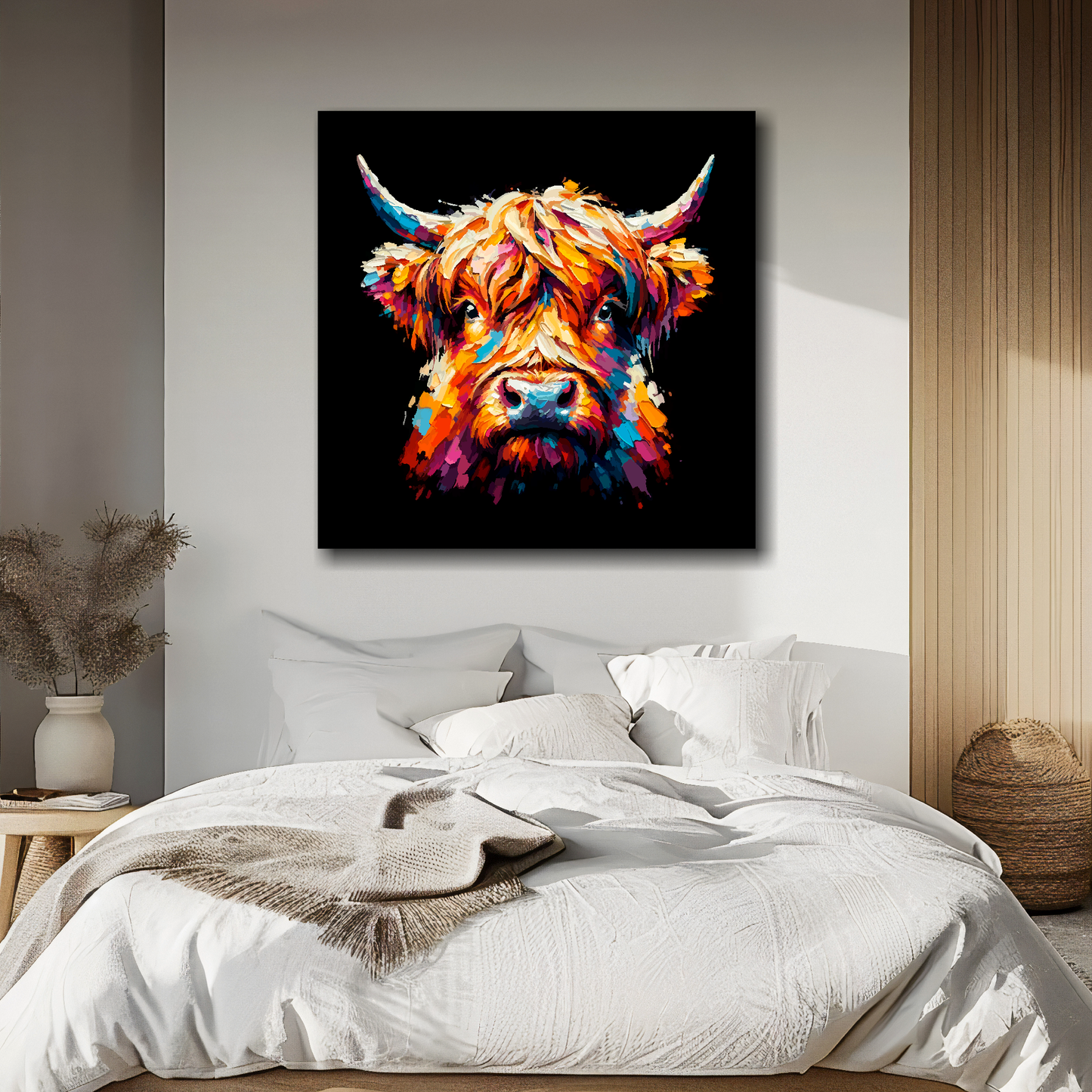 Highland Cow portrait canvas above bed - colourful farm animal wall decor for UK bedrooms