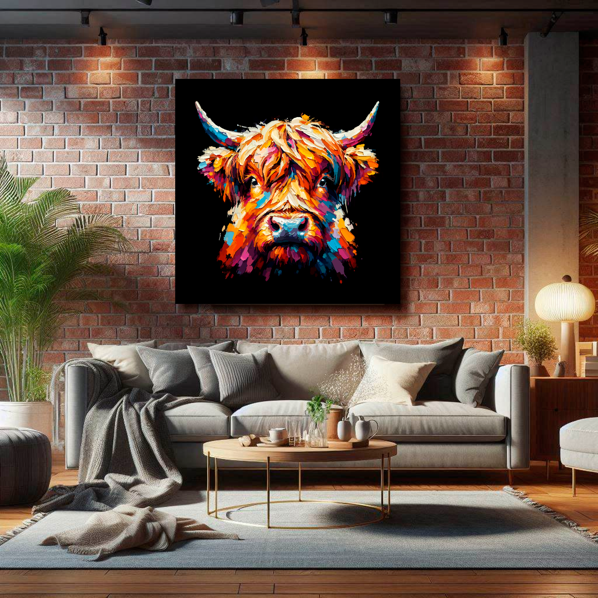Large Highland Cow canvas on brick wall above grey sofa - bold farm animal portrait UK living room