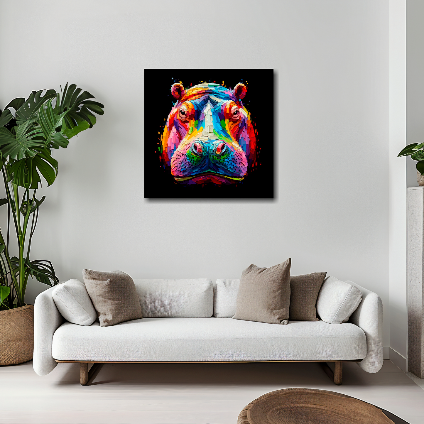 Hippo canvas 20x20 inches above white sofa - vibrant wildlife portrait wall art UK
