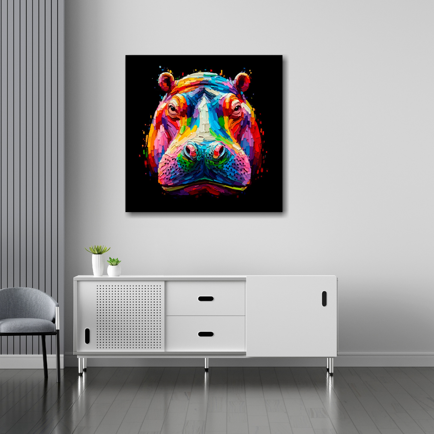 Hippo canvas 30x30 inches above sideboard - large colourful wildlife portrait UK made
