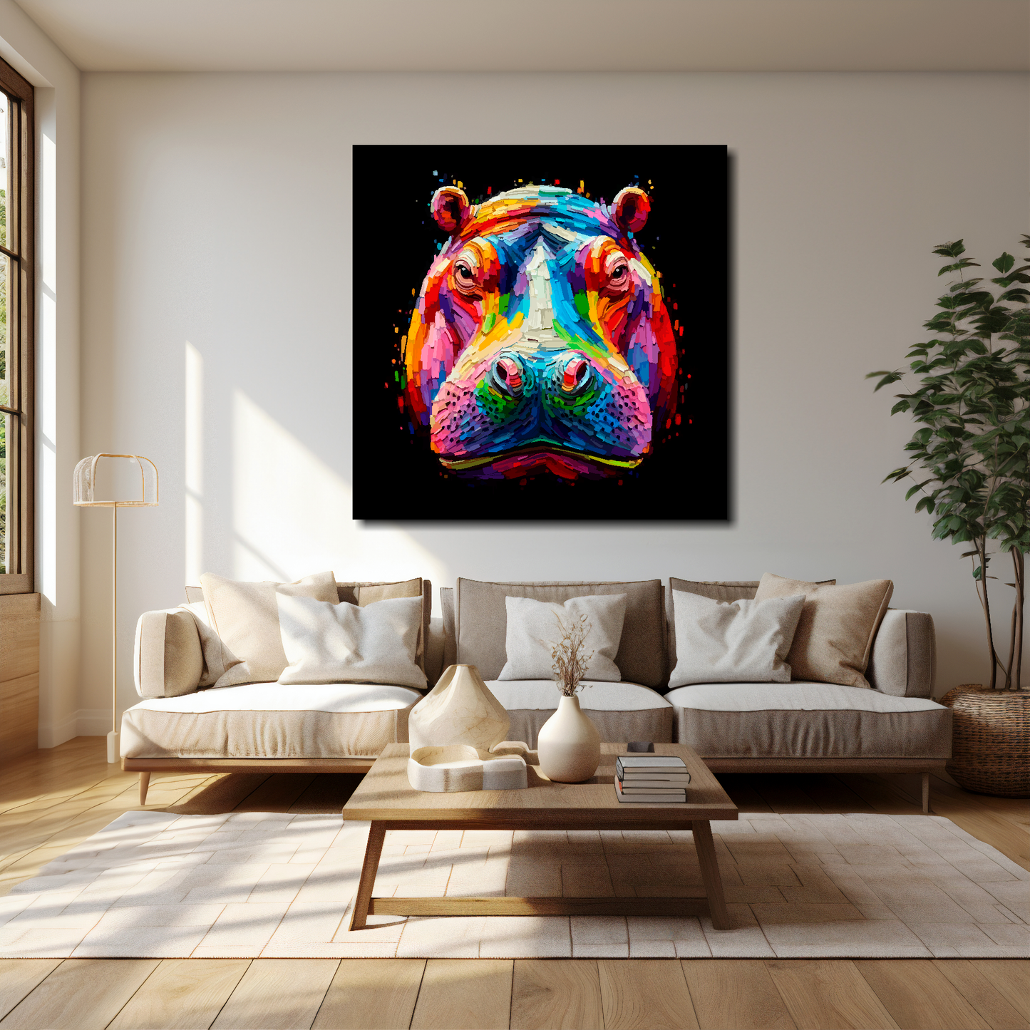 Hippo canvas 40x40 inches above cream sofa - XL vibrant wildlife wall art UK