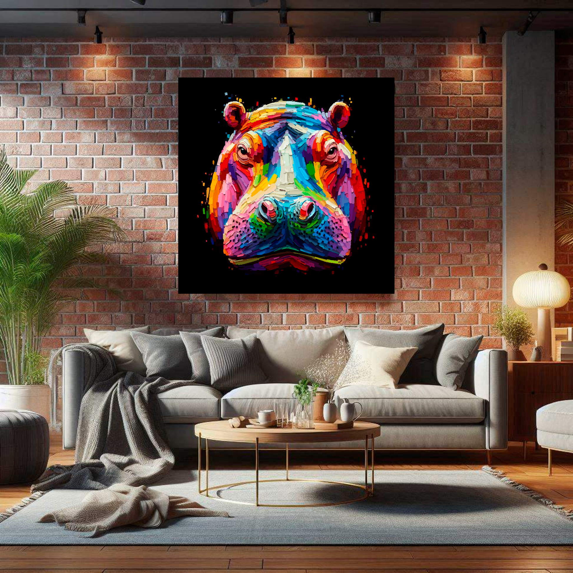 Large Hippo canvas on brick wall above grey sofa - bold wildlife portrait UK living room