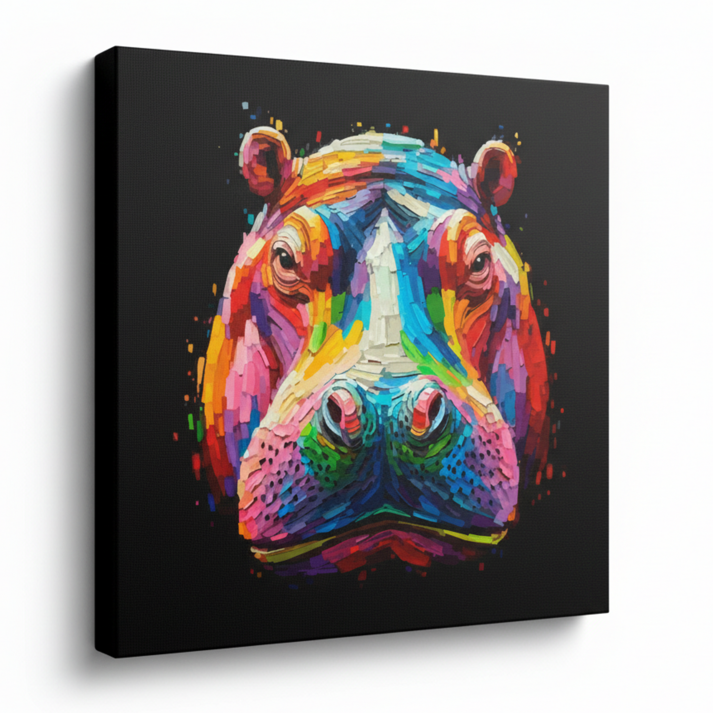 Colourful Hippo wildlife portrait canvas print - UK made abstract animal wall art black background