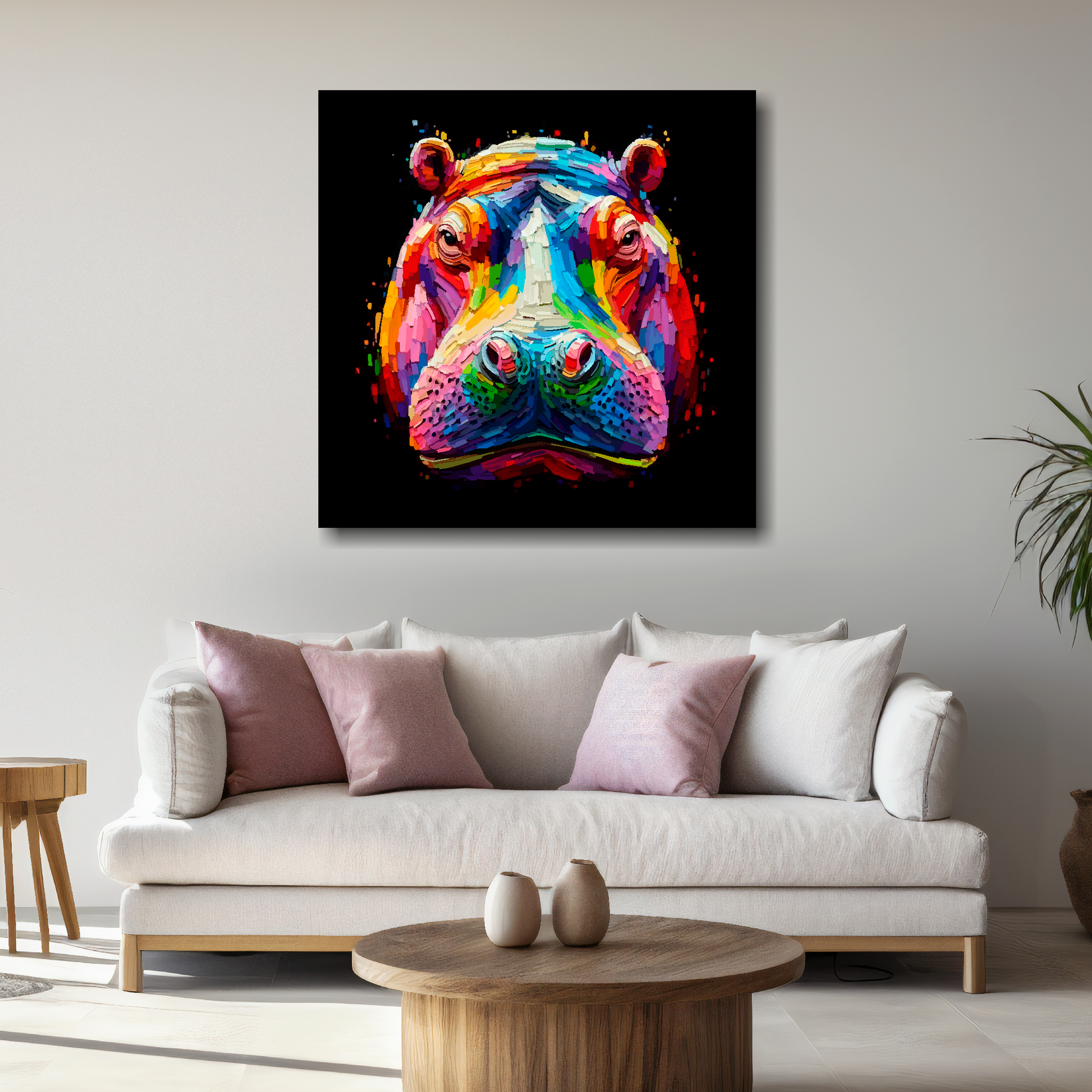 Large Hippo canvas above white sofa - vibrant abstract wildlife portrait wall art UK