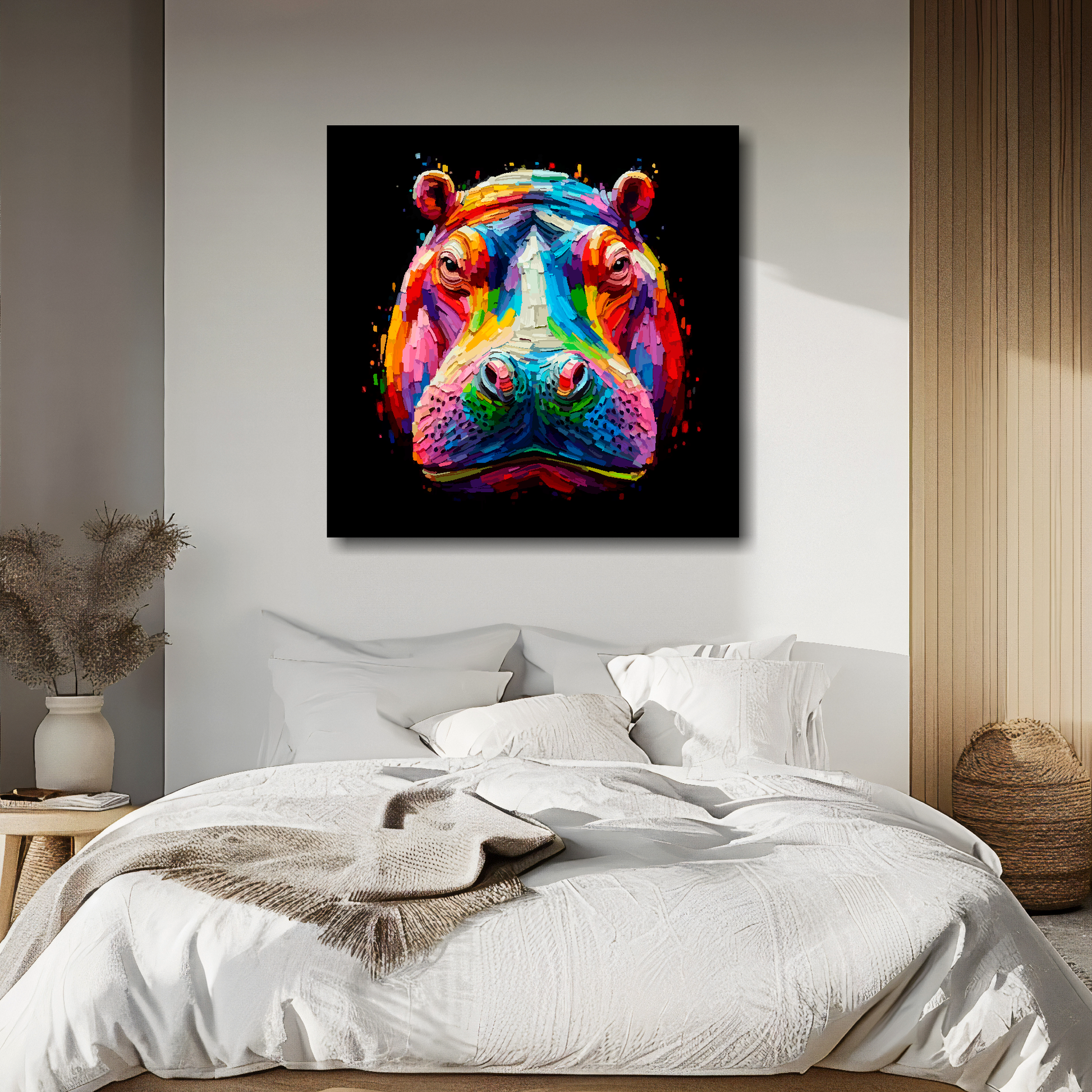 Hippo portrait canvas above bed - colourful wildlife wall decor for UK bedrooms