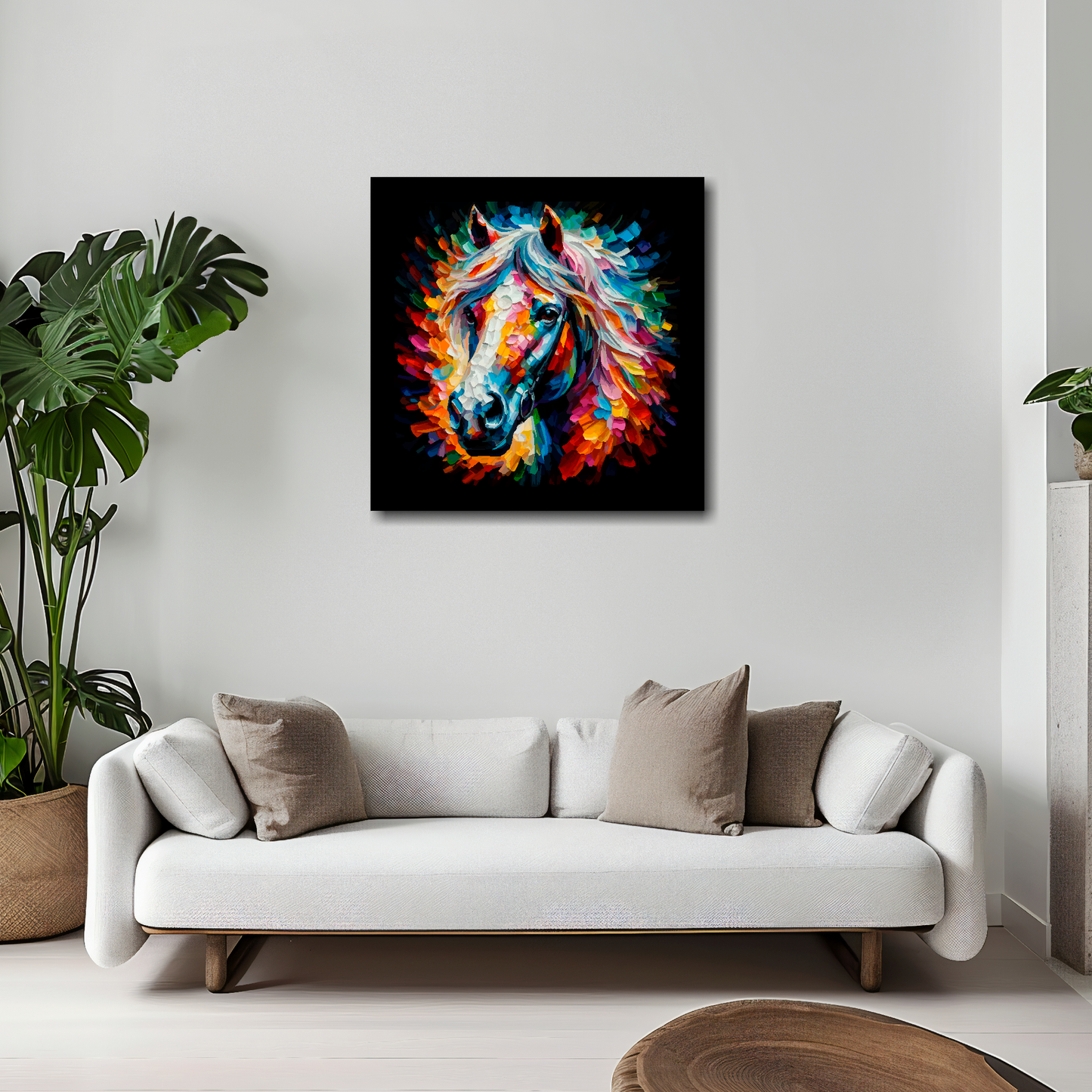 Horse canvas 20x20 inches above white sofa - vibrant farm animal portrait wall art UK
