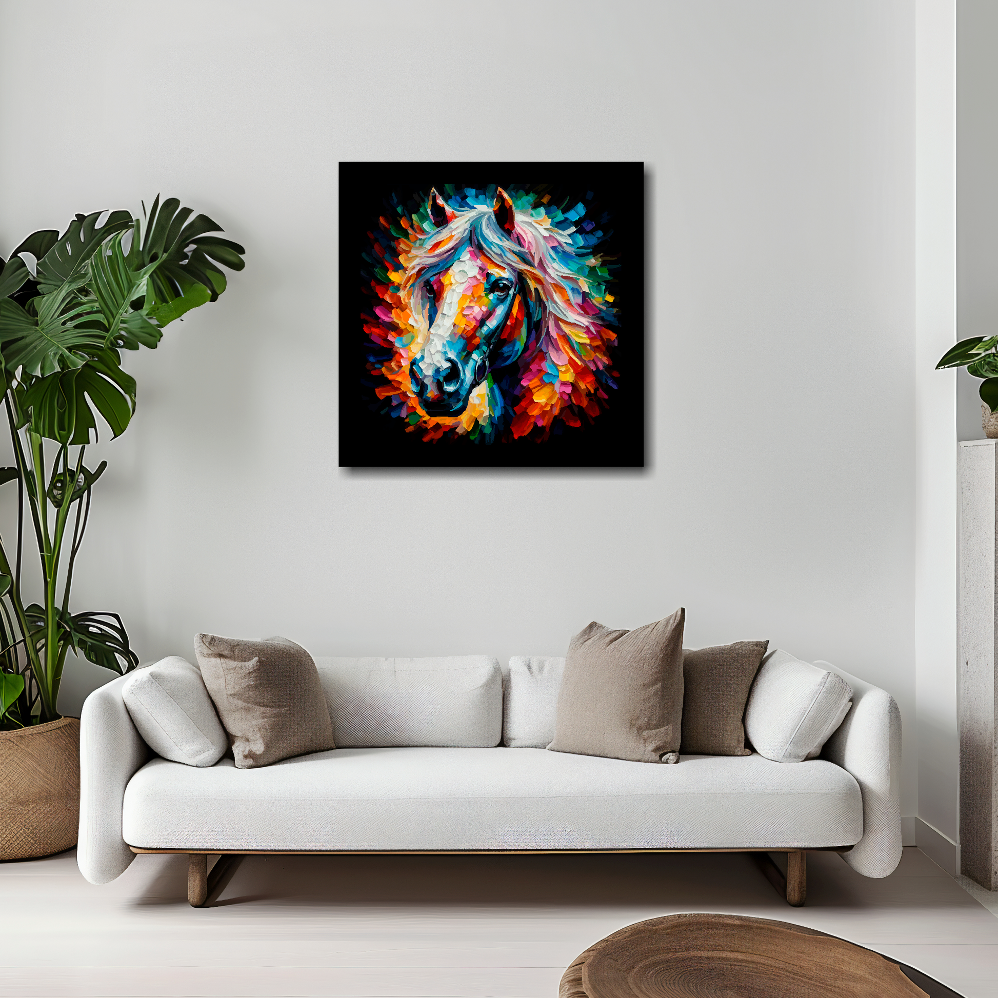 Horse canvas 20x20 inches above white sofa - vibrant farm animal portrait wall art UK