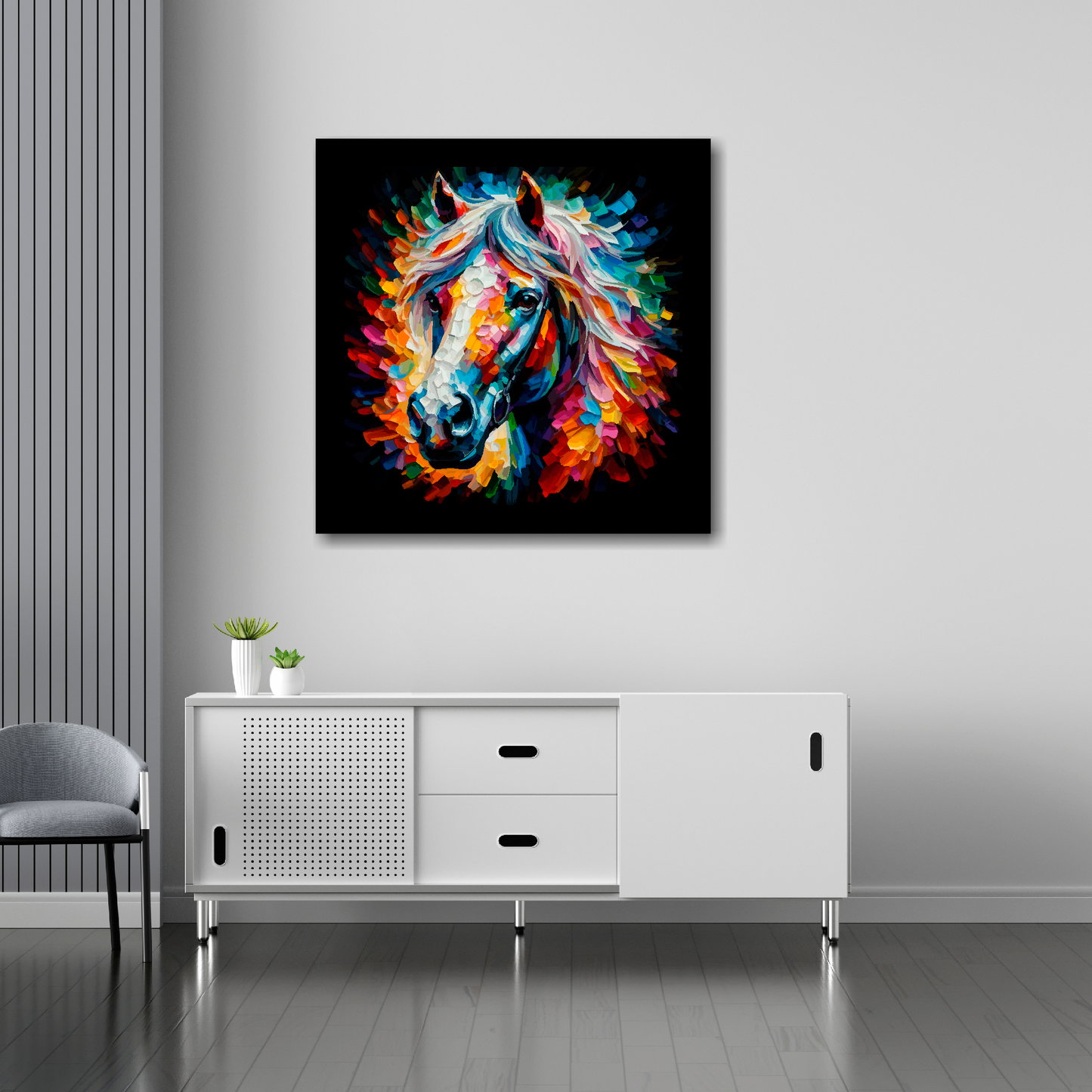 Horse canvas 30x30 inches above sideboard - large colourful farm animal portrait UK made