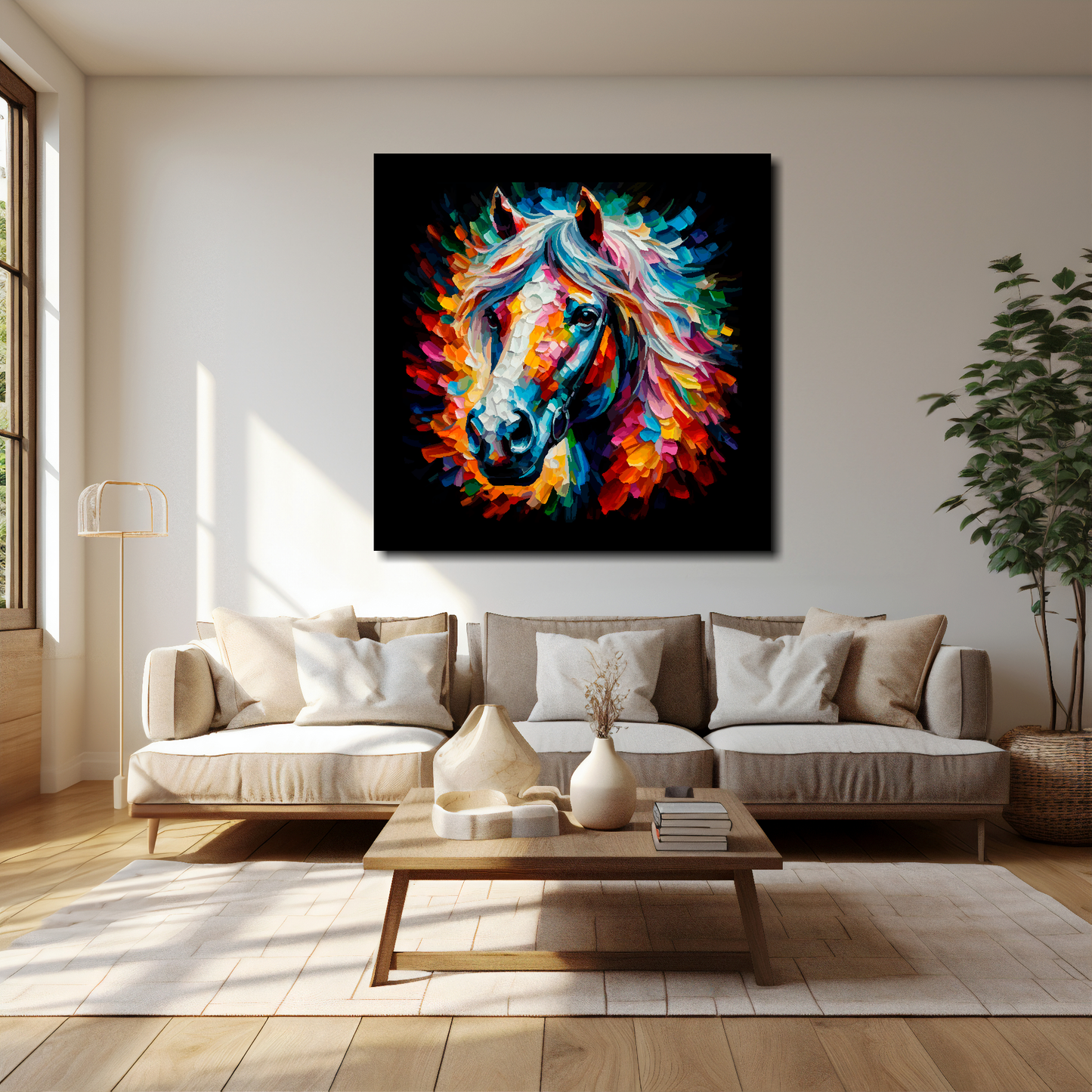 Horse canvas 40x40 inches above cream sofa - XL vibrant farm animal wall art UK