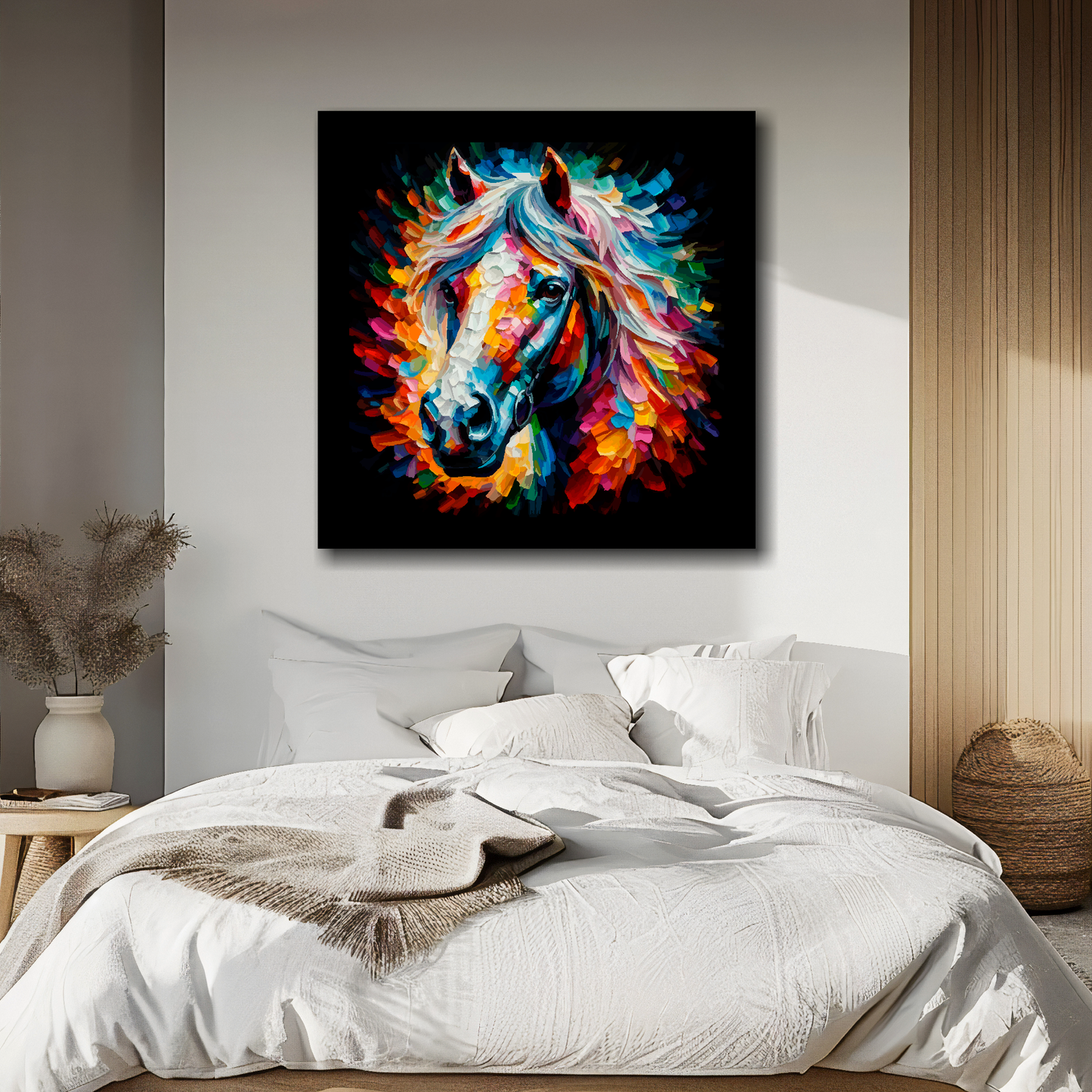 Horse portrait canvas above bed - colourful farm animal wall decor for UK bedrooms