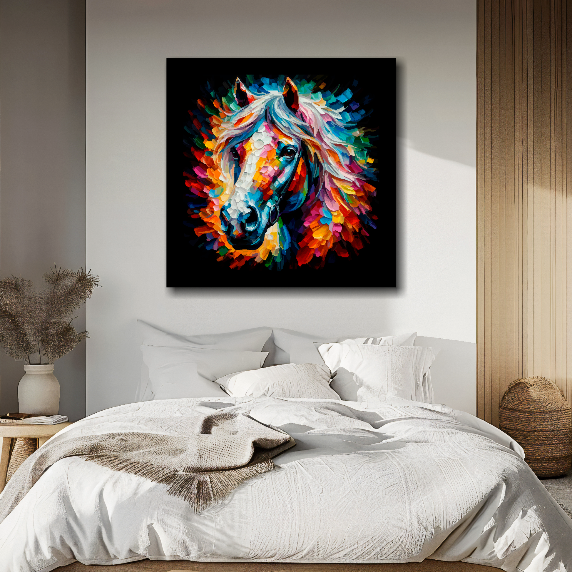 Horse portrait canvas above bed - colourful farm animal wall decor for UK bedrooms