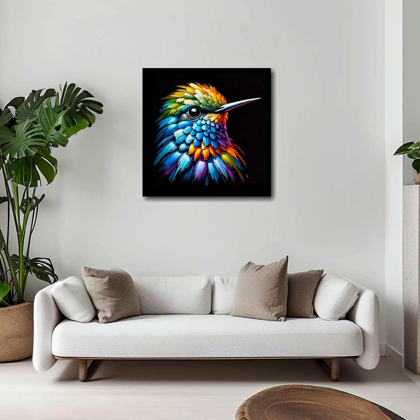 Hummingbird canvas 20x20 inches above white sofa - vibrant bird portrait wall art UK