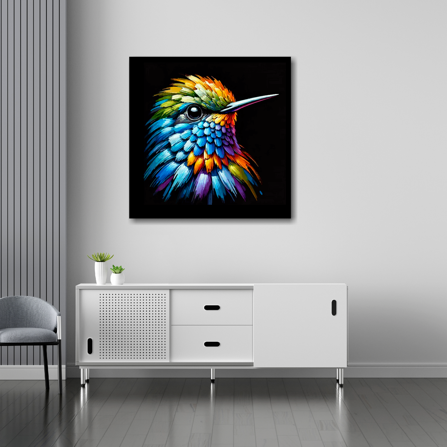 Hummingbird canvas 30x30 inches above sideboard - large colourful bird portrait UK made