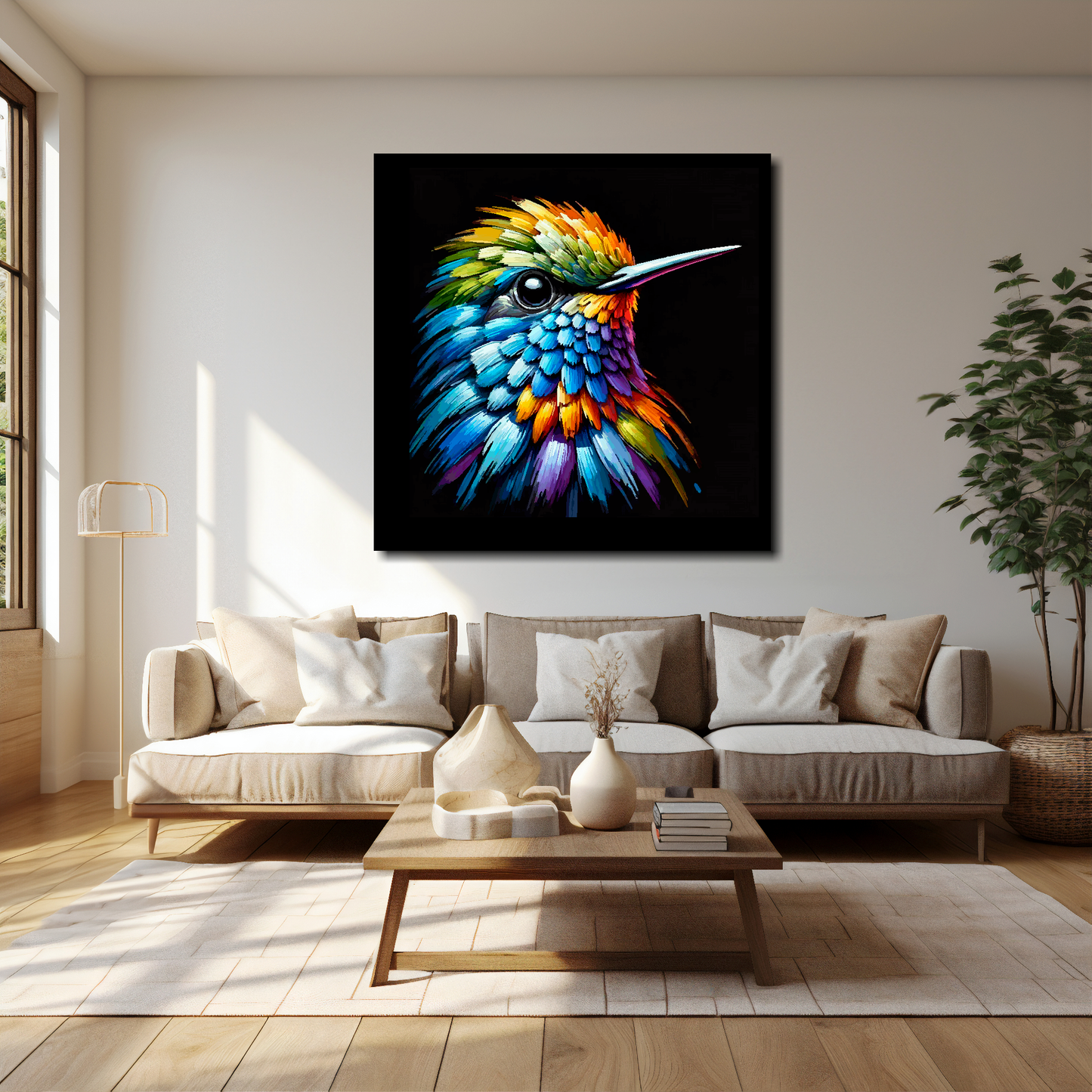 Hummingbird canvas 40x40 inches above cream sofa - XL vibrant bird wall art UK